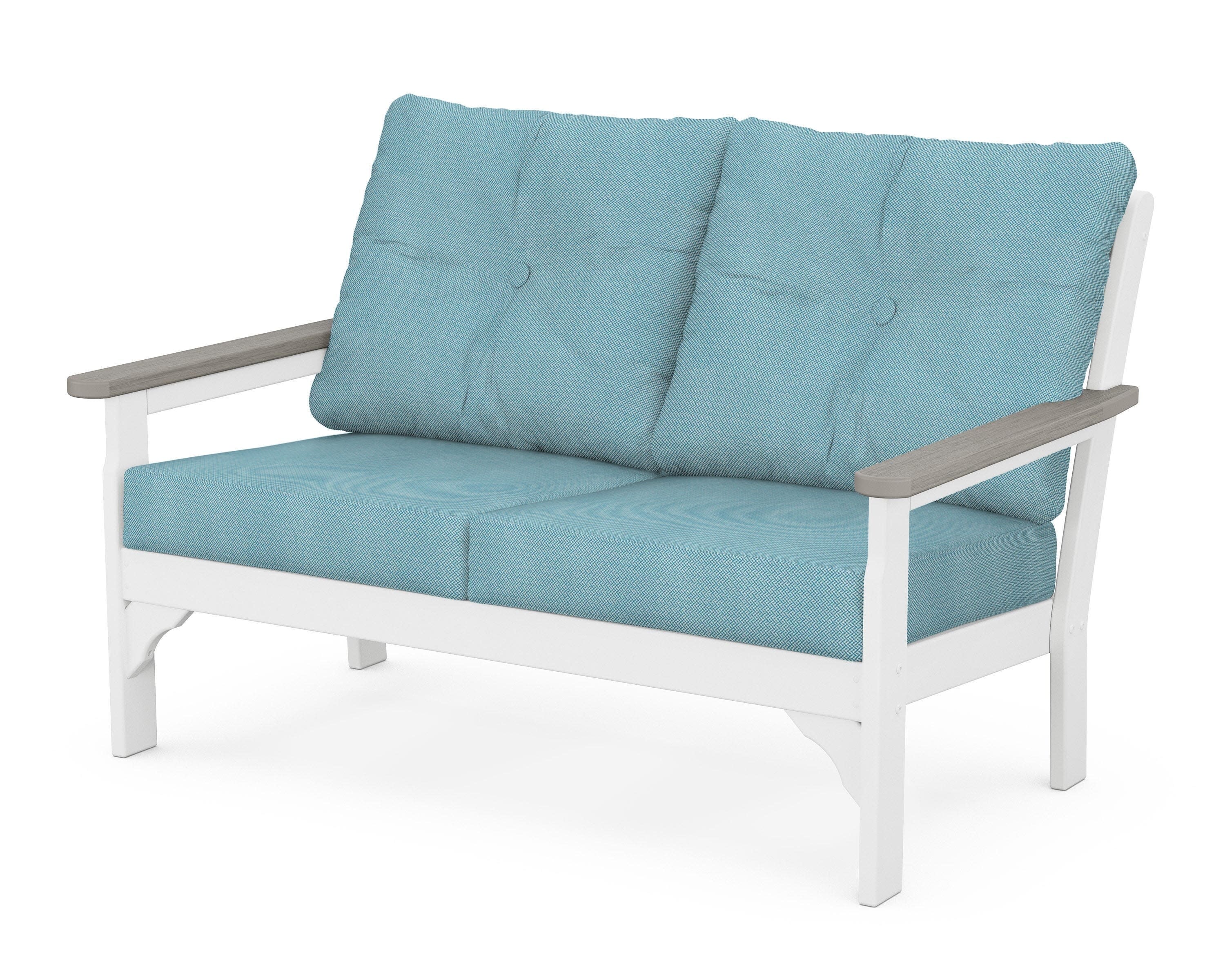 Vineyard Deep Seating Loveseat in White / Driftwood / Lattice Sky Blue