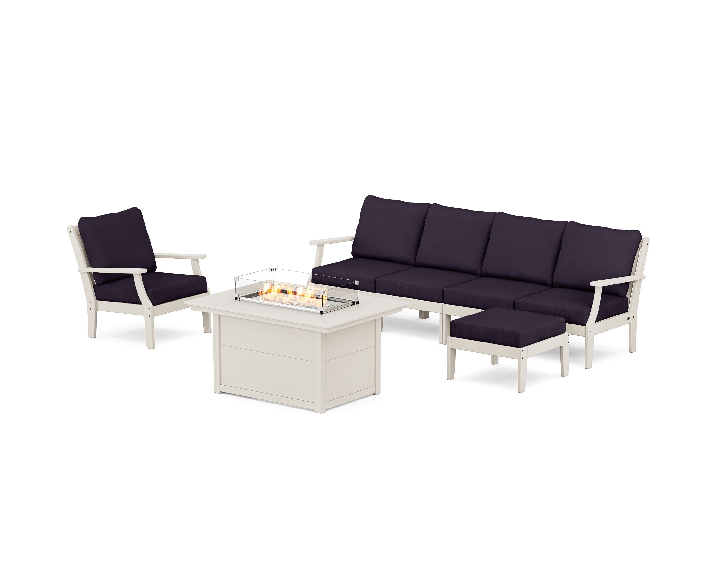 Braxton Sectional Lounge and Fire Pit Set in Sand / Navy Linen