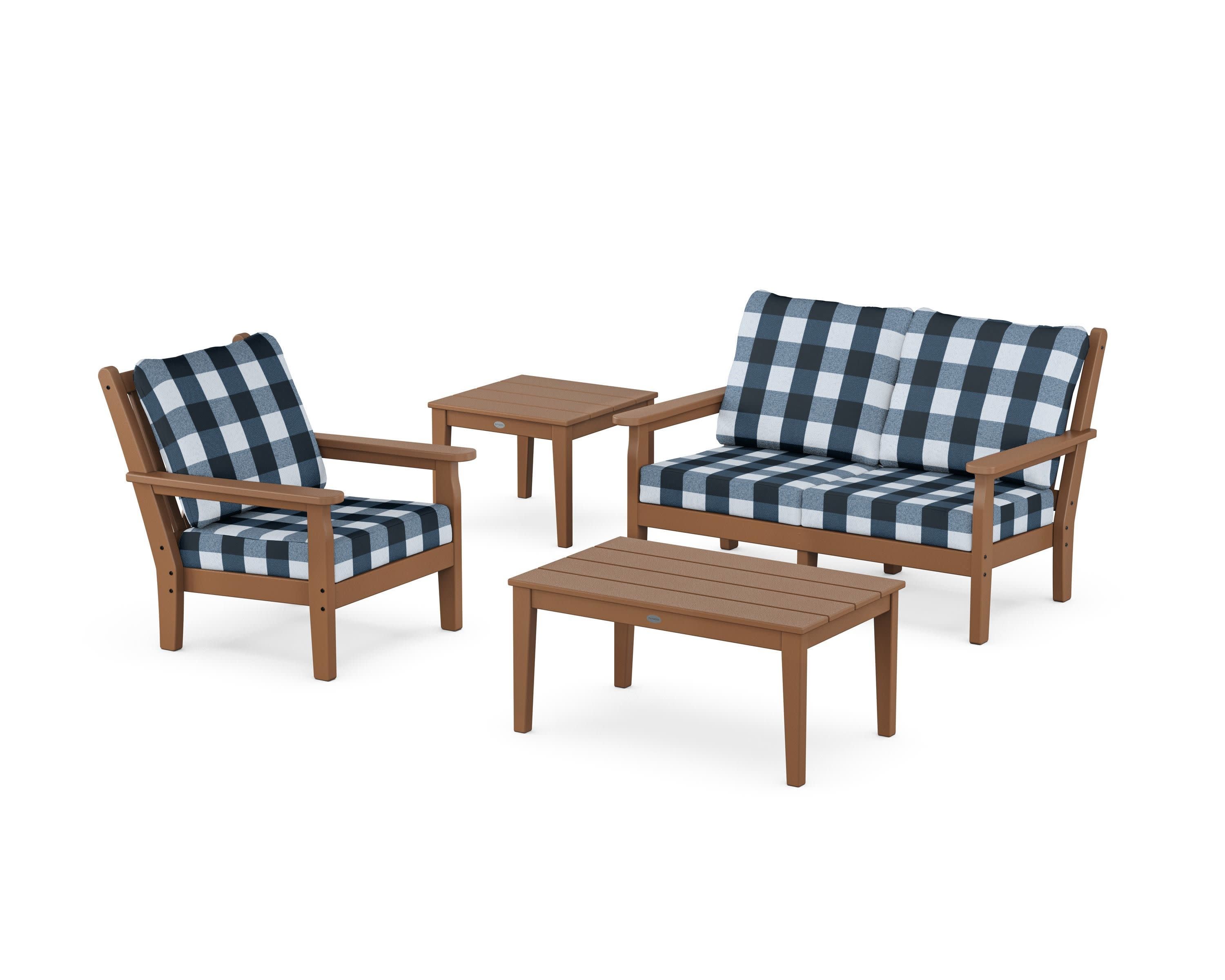 Chippendale 4-Piece Deep Seating Set in Teak / Buffalo Plaid Marine Indigo