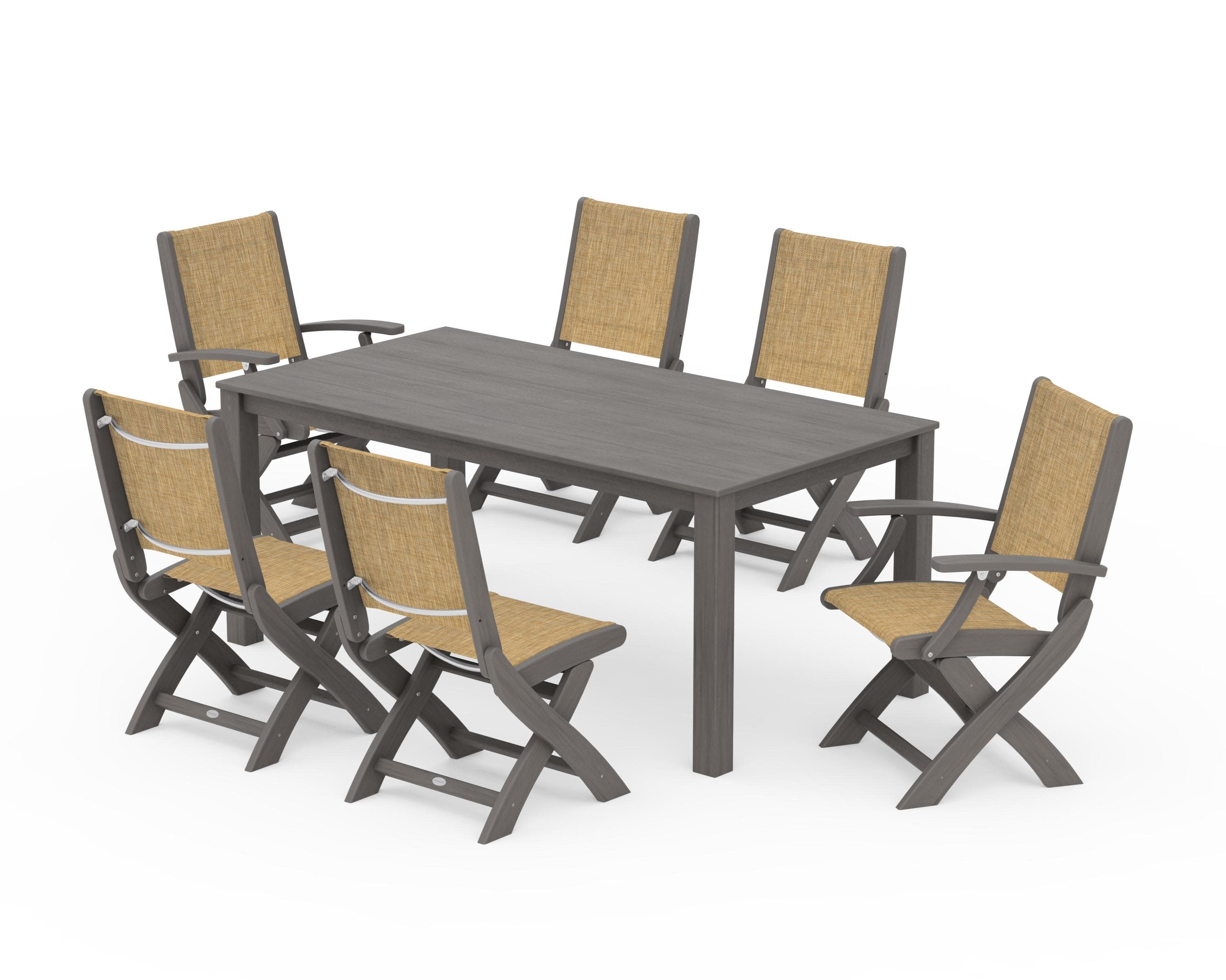 Coastal Folding Chair 7-Piece Parsons Dining Set in Driftwood / Burlap Sling