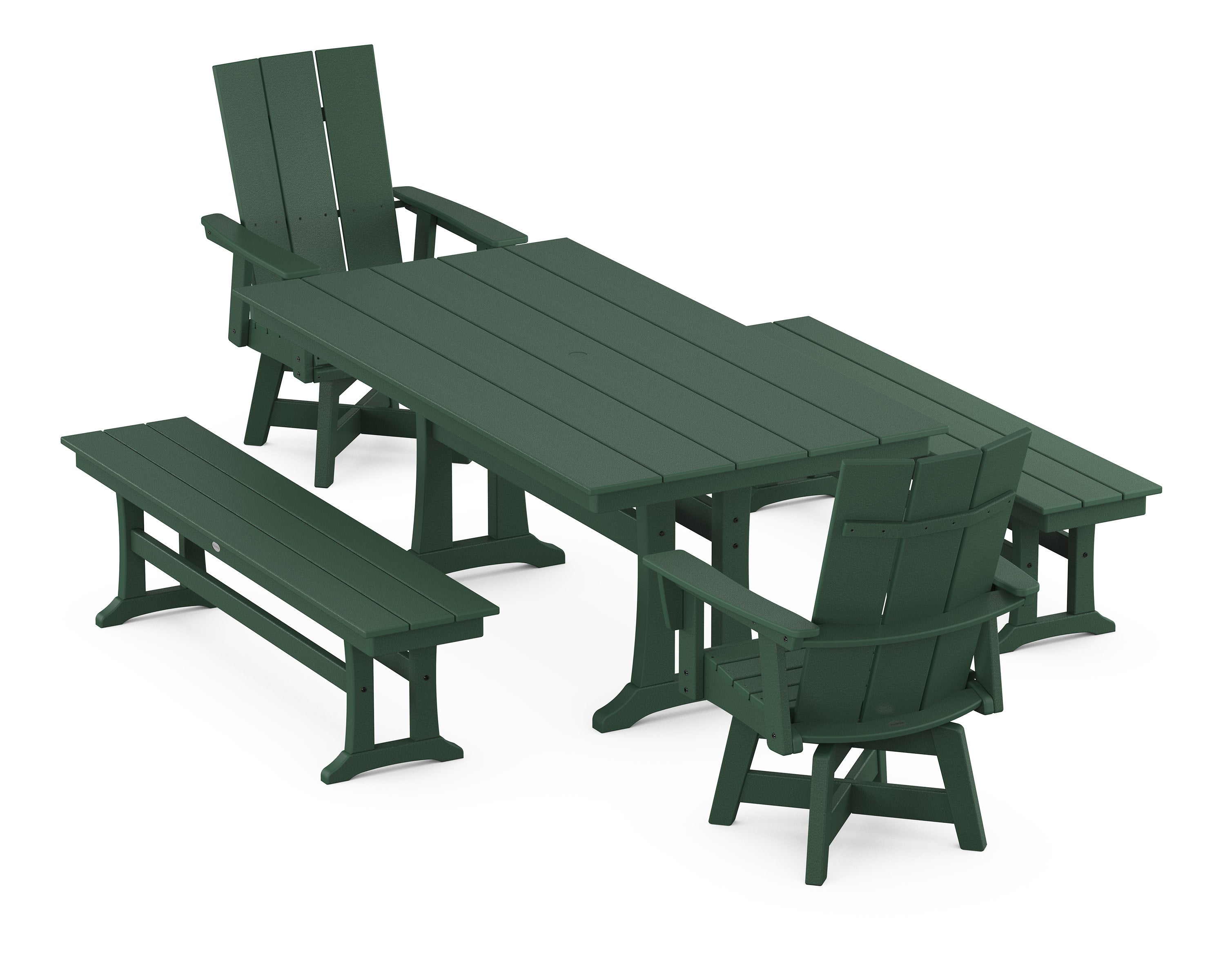Modern Curveback Adirondack Swivel Chair 5-Piece Farmhouse Dining Set With Trestle Legs and Benches in Green