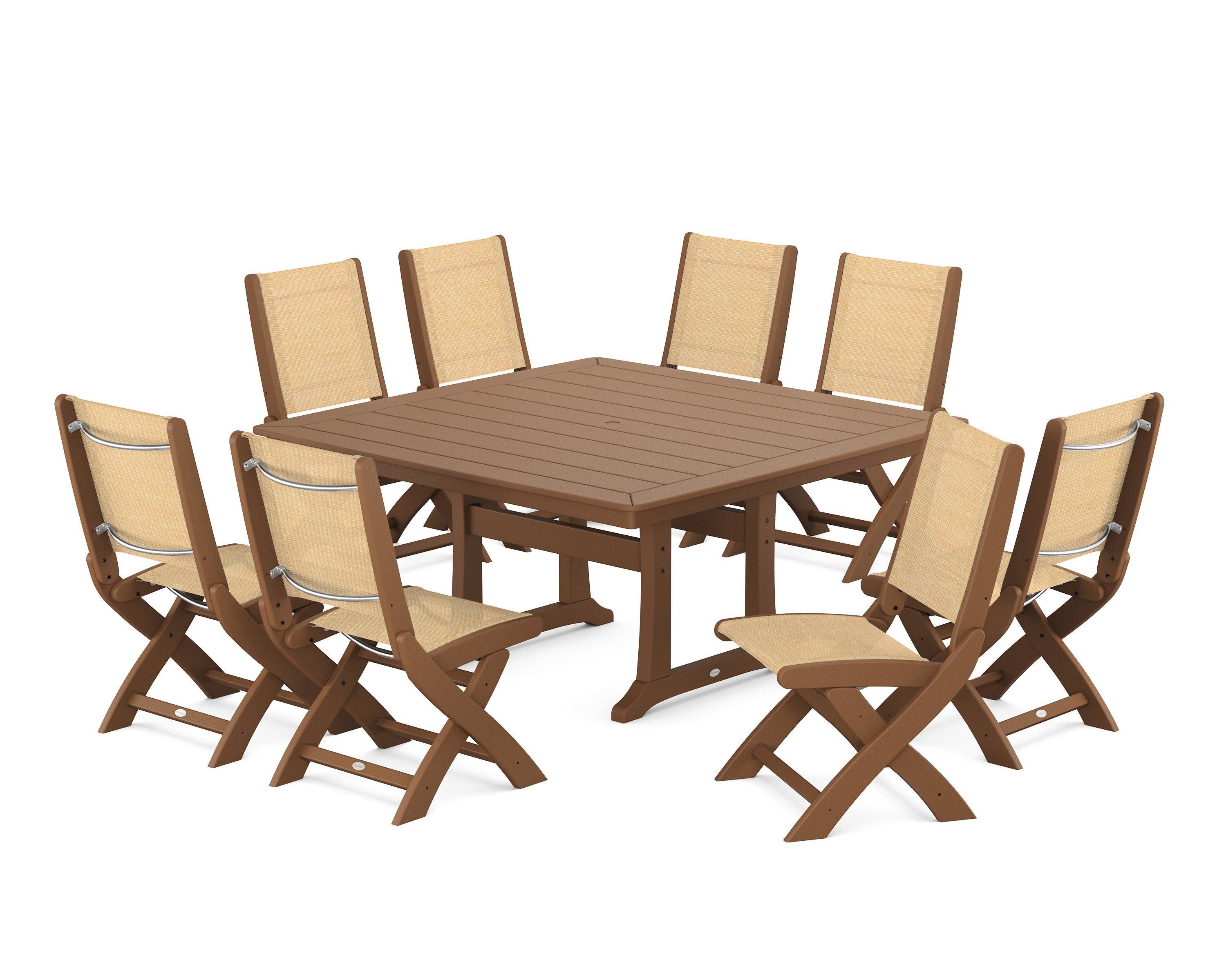 Coastal Folding Side Chair 9-Piece Dining Set with Trestle Legs in Teak / Dupioni Apricot Sling