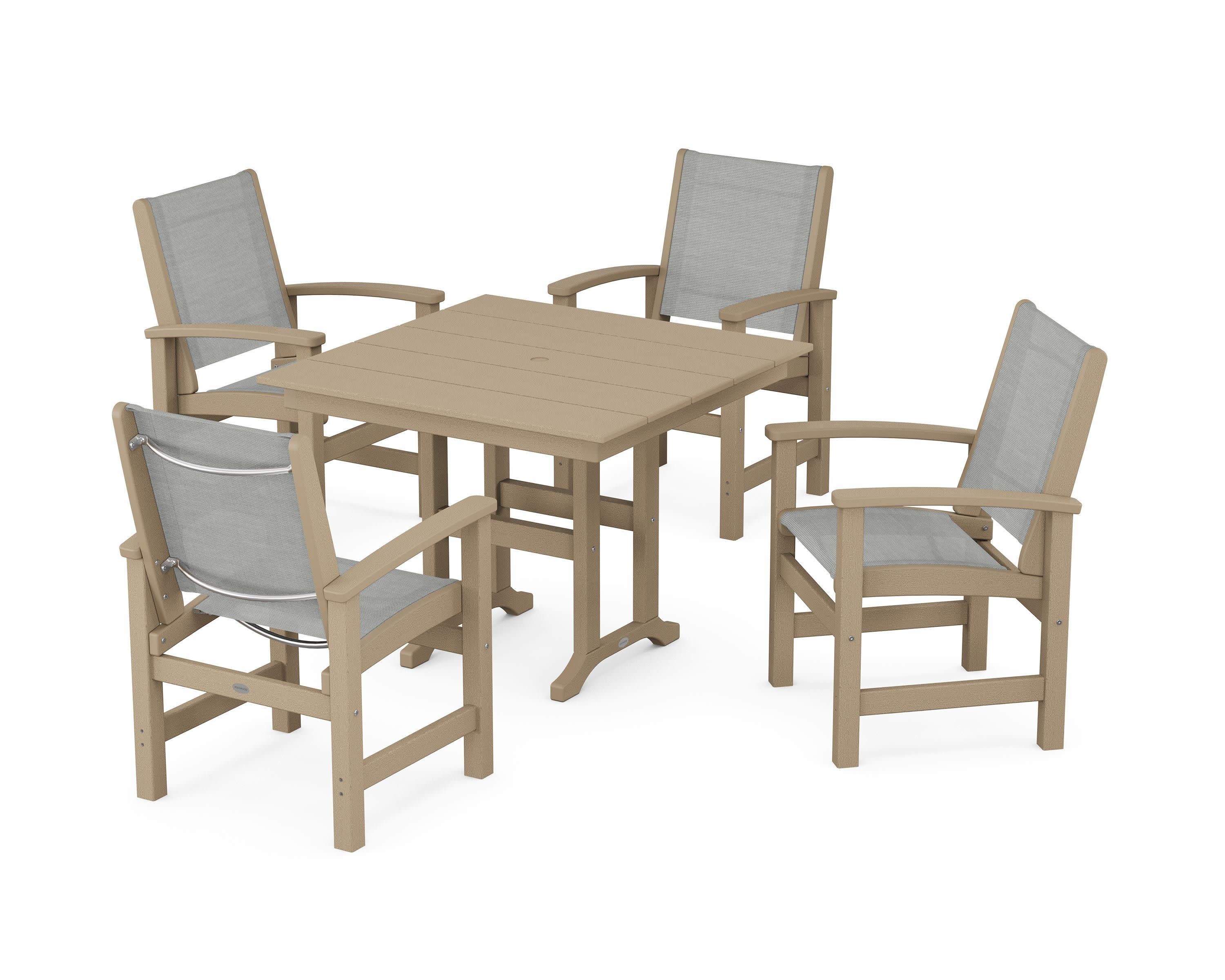 Coastal 5-Piece Farmhouse Dining Set in Vintage Sahara / Metallic Sling