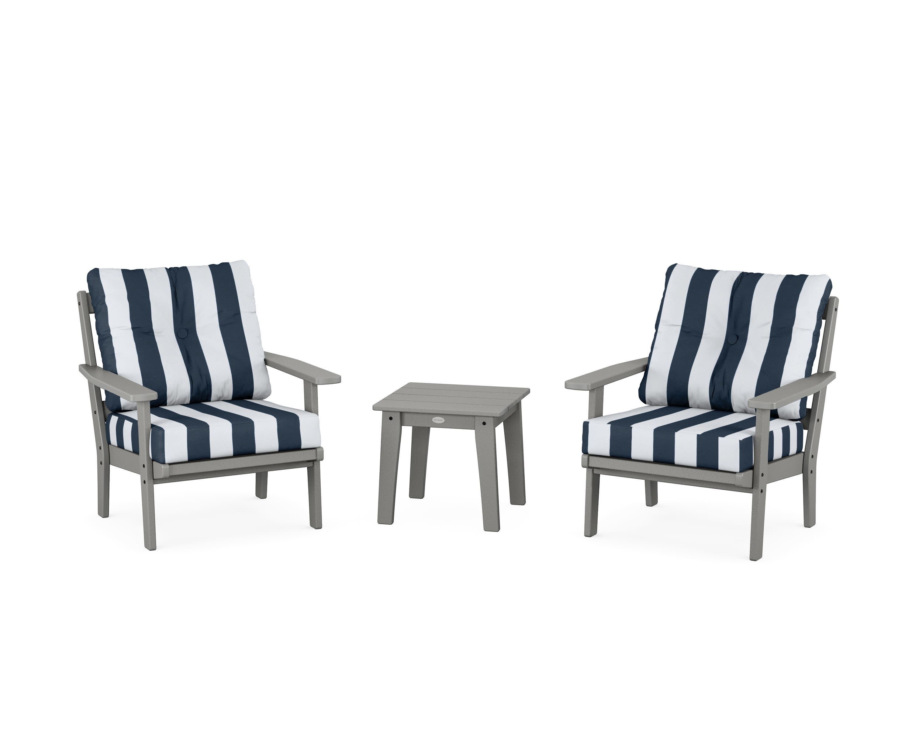 Oxford 3-Piece Deep Seating Set in Slate Grey / Cabana Stripe Marine Indigo