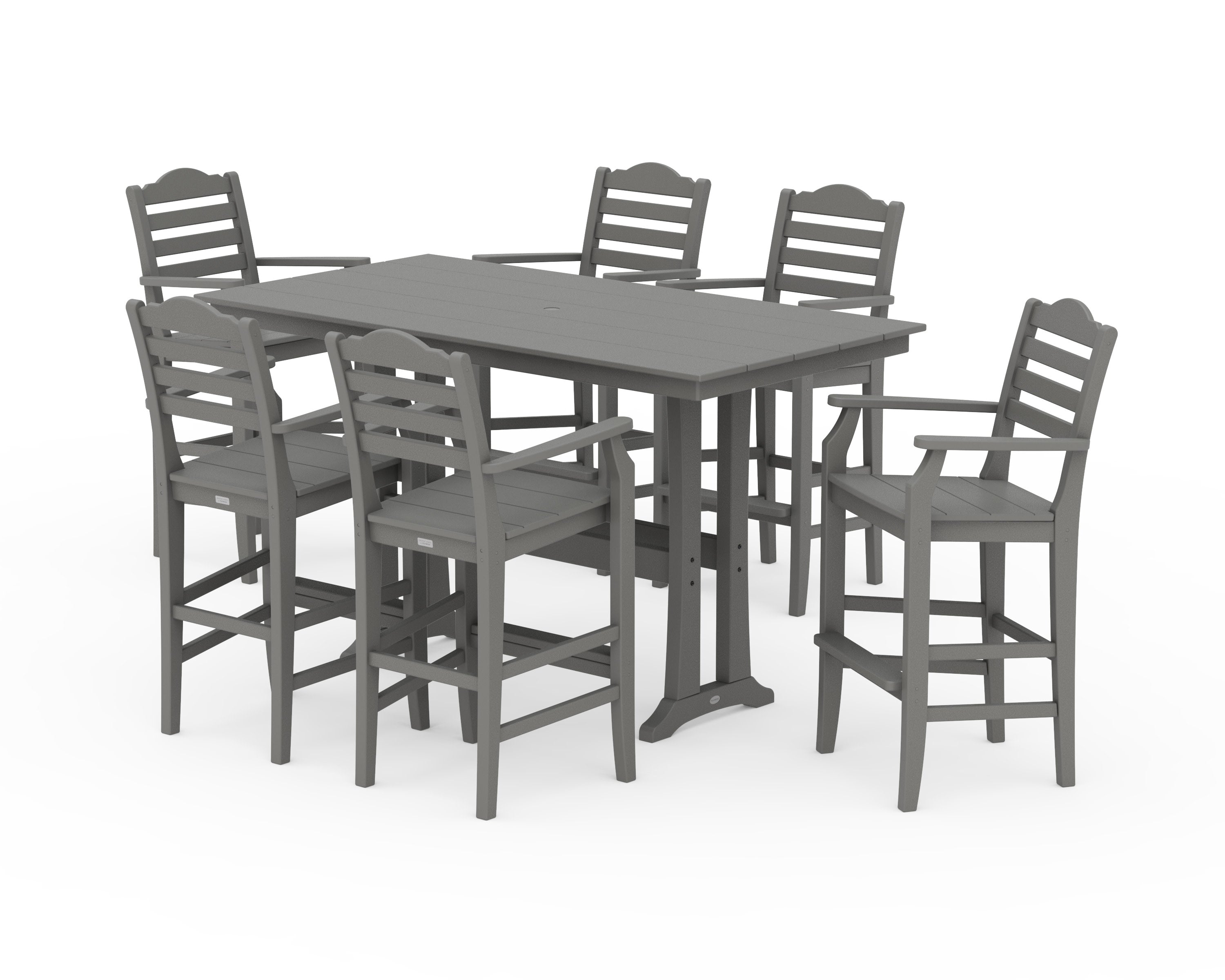 Savannah Arm Chair 7-Piece Farmhouse Bar Set with Trestle Legs in Slate Grey