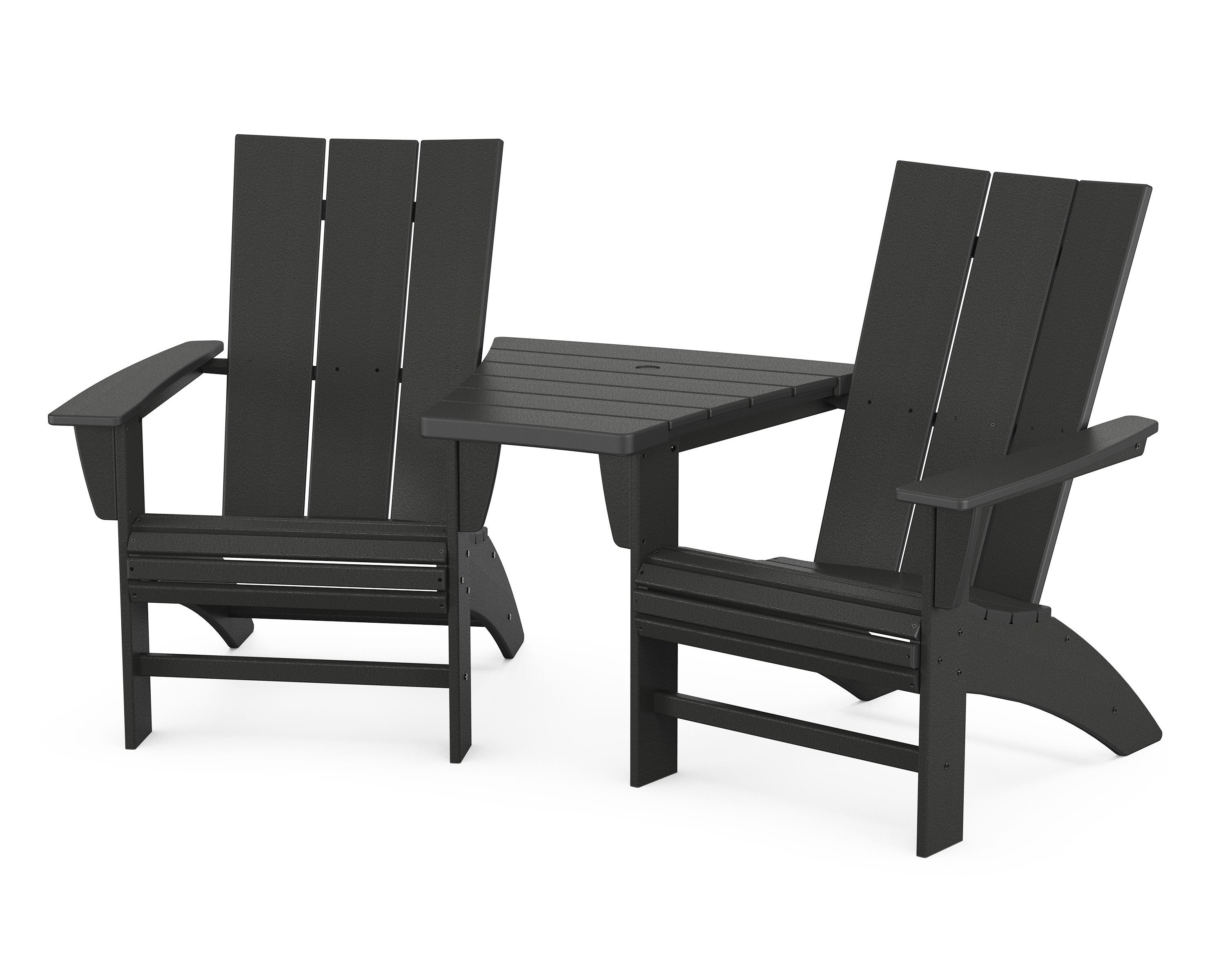 Modern 3-Piece Curveback Adirondack Set with Angled Connecting Table in Black