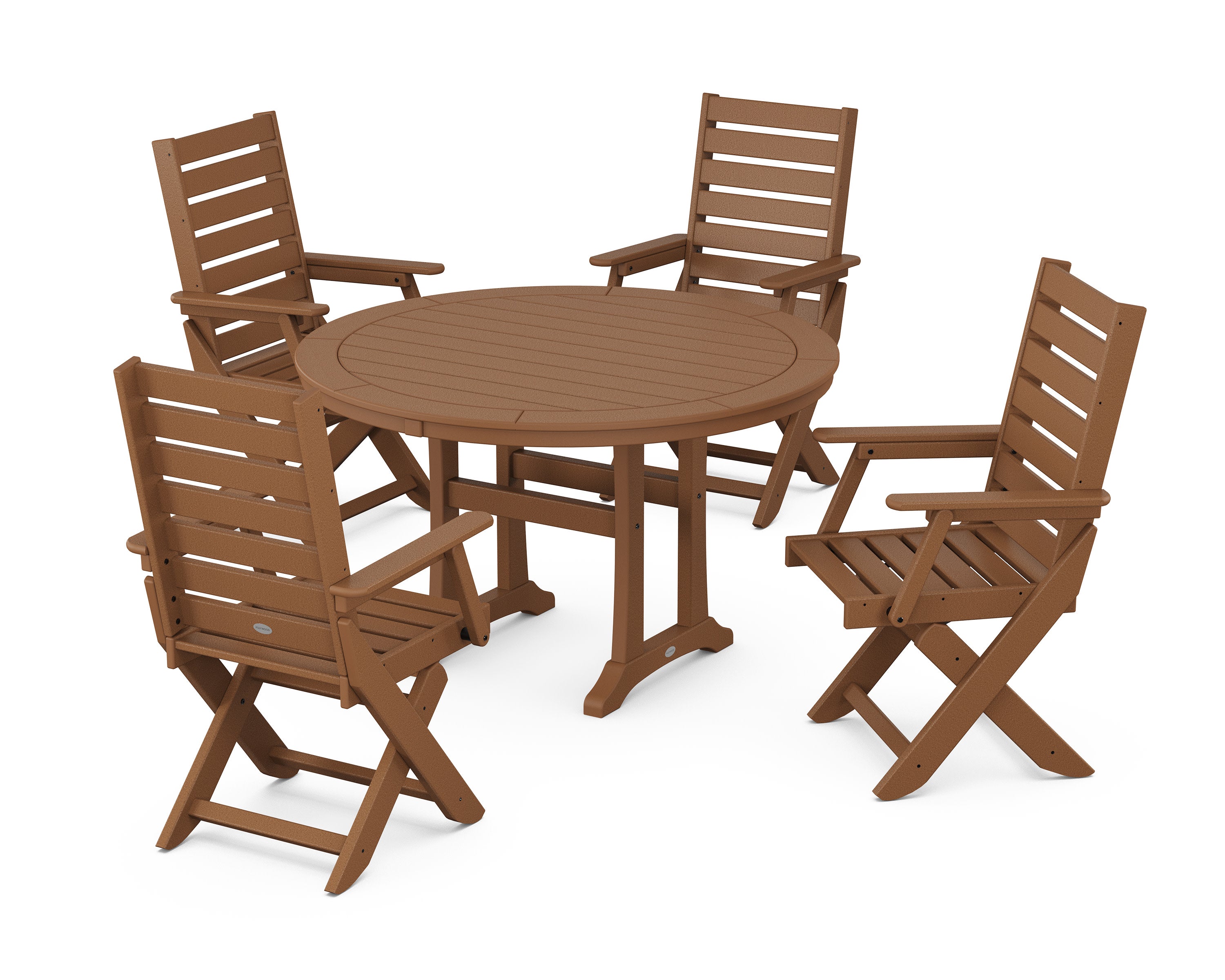 Captain Folding Chair 5-Piece Round Dining Set with Trestle Legs in Teak
