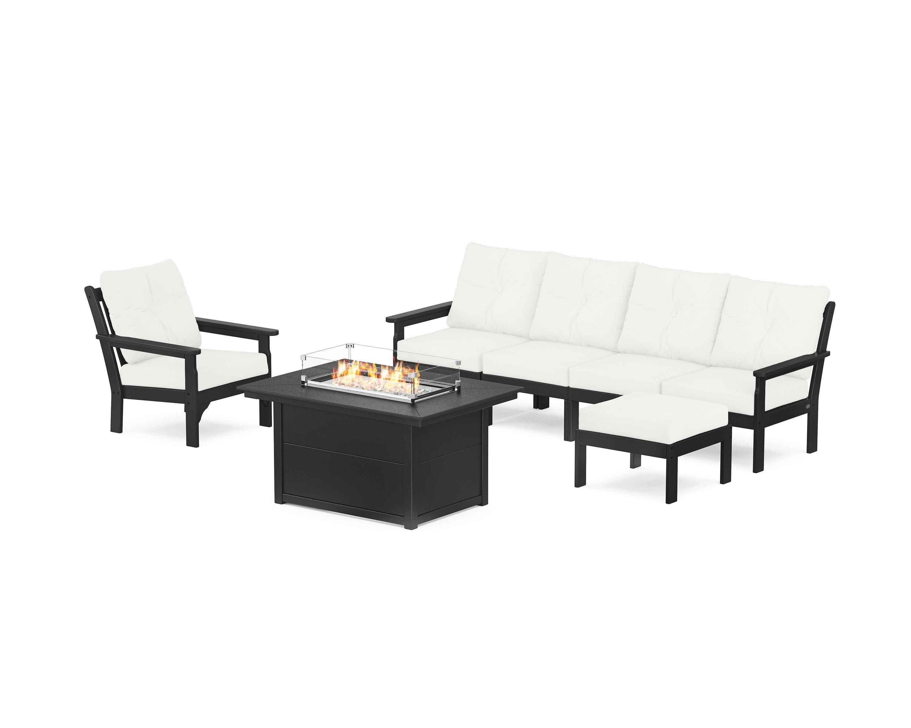Vineyard Sectional Lounge and Fire Pit Set in Black / Natural Linen