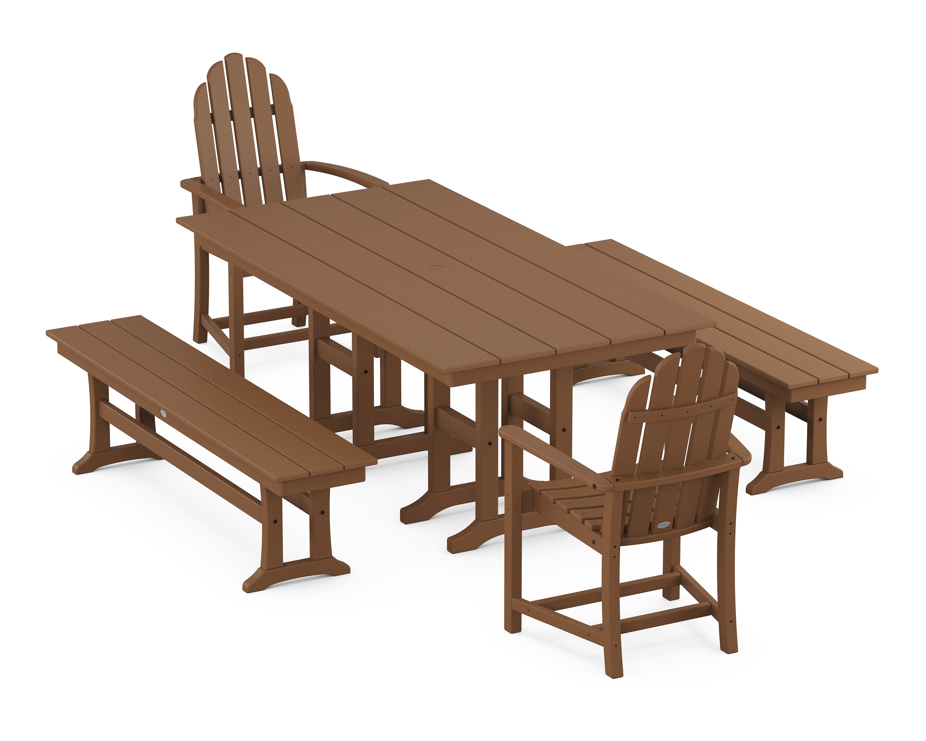 Classic Adirondack 5-Piece Farmhouse Dining Set with Benches in Teak