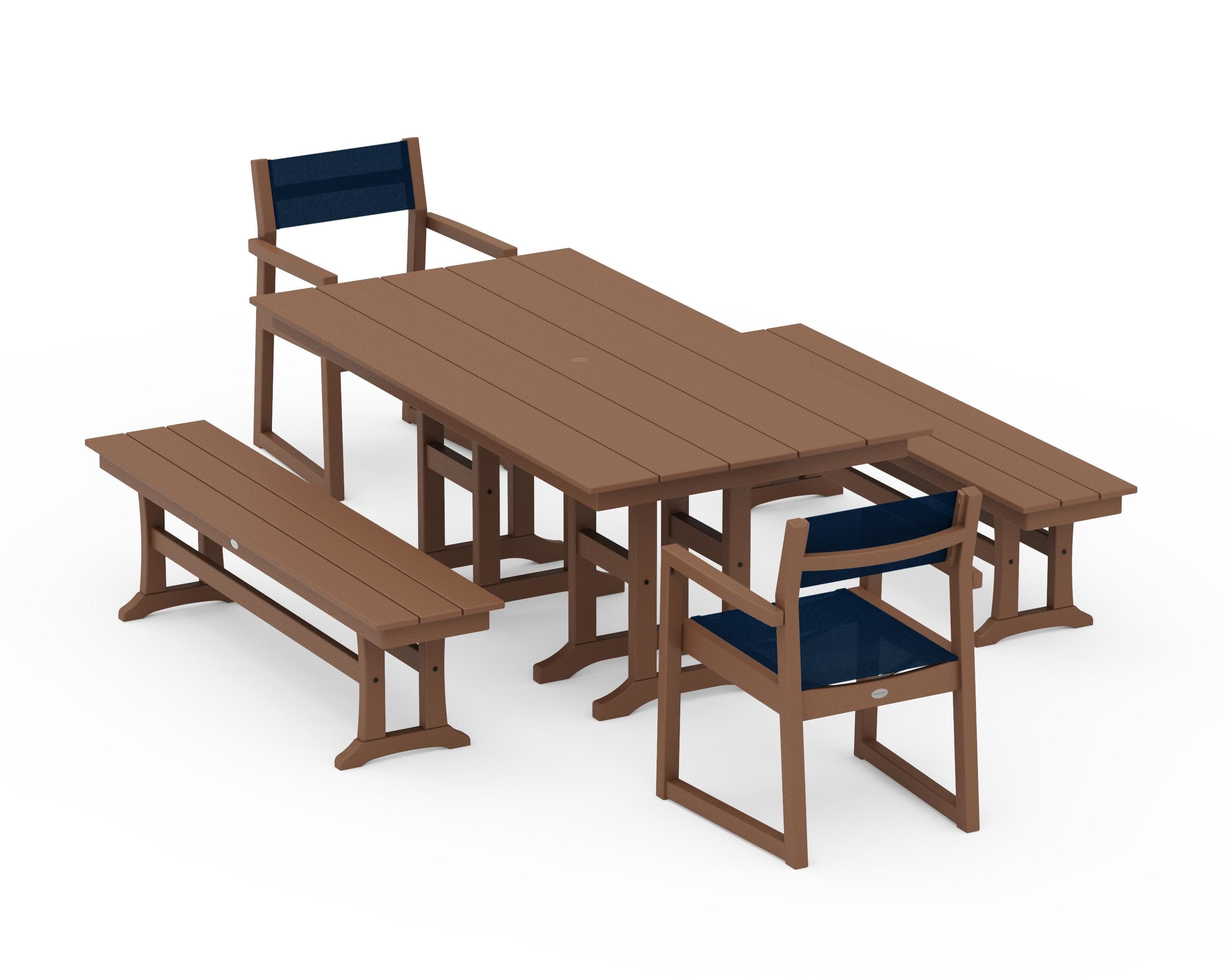 EDGE Sling Arm Chair 5-Piece Farmhouse Dining Set with Benches in Teak / Navy Blue Sling