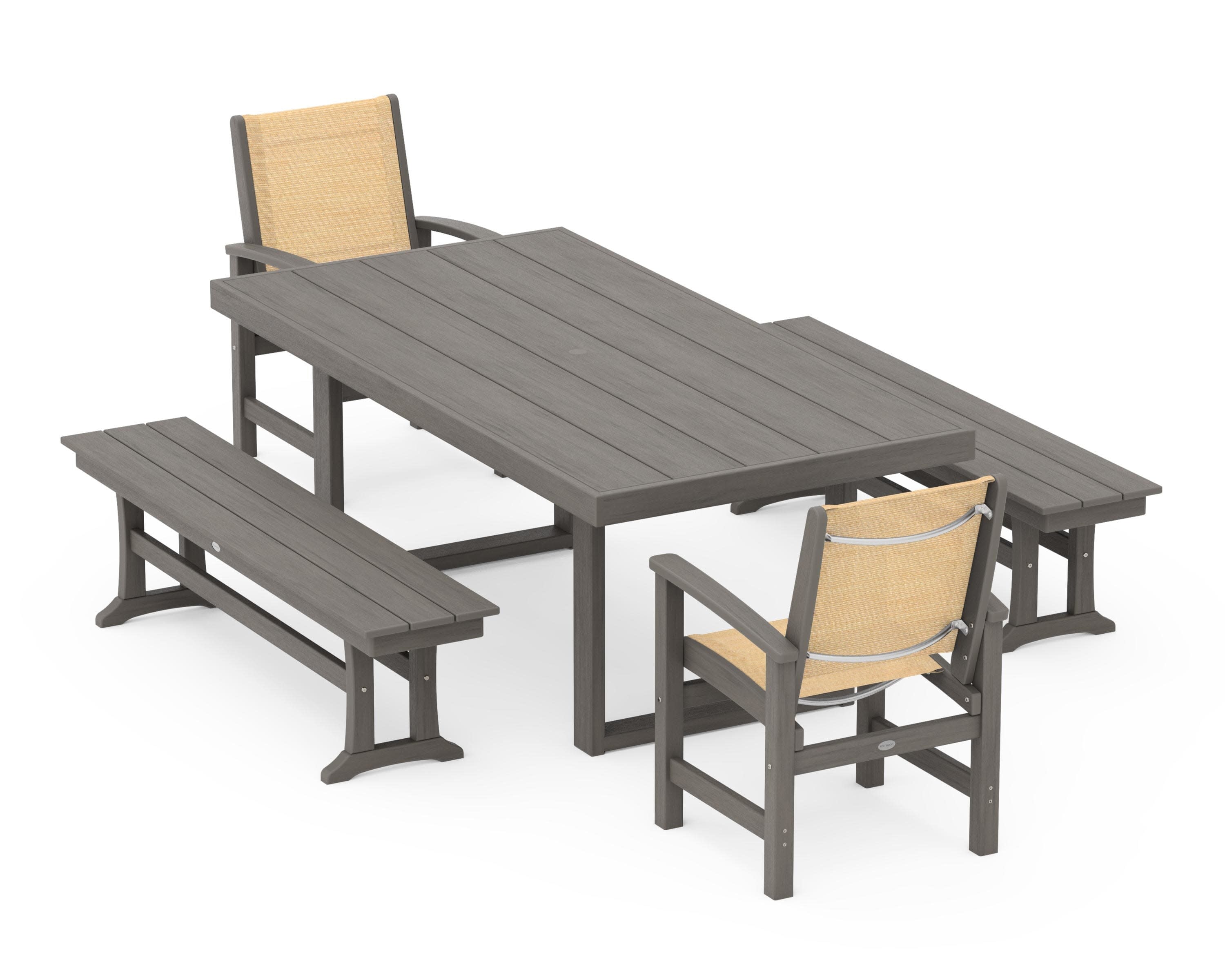 Coastal 5-Piece Dining Set with Trestle Legs in Driftwood / Dupioni Apricot Sling