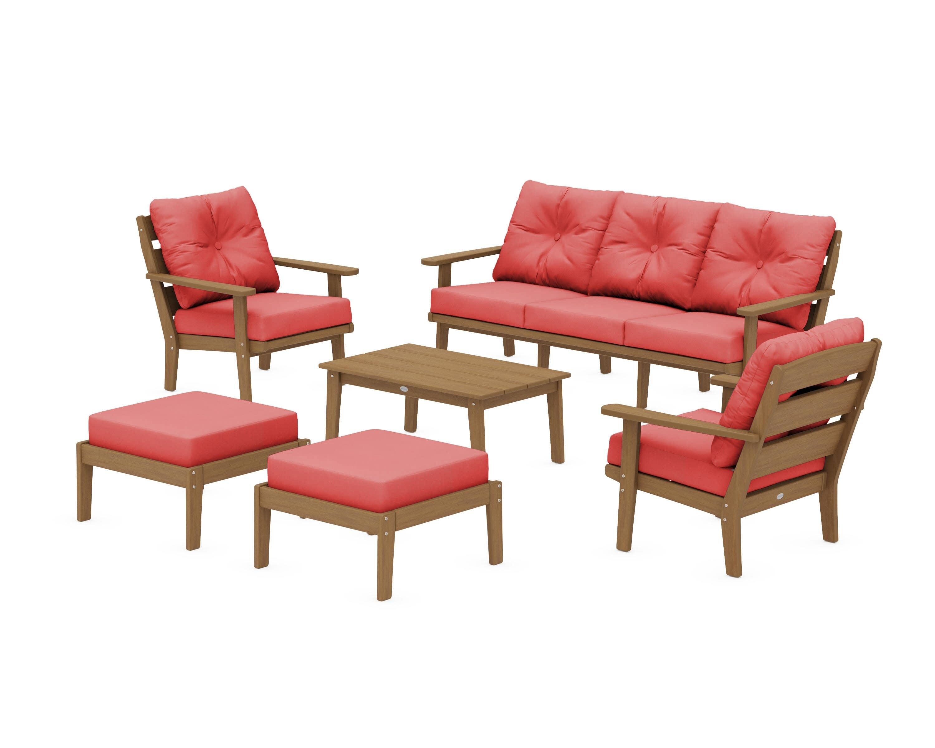 Lakeside 6-Piece Lounge Sofa Set in Natural / Crimson Linen