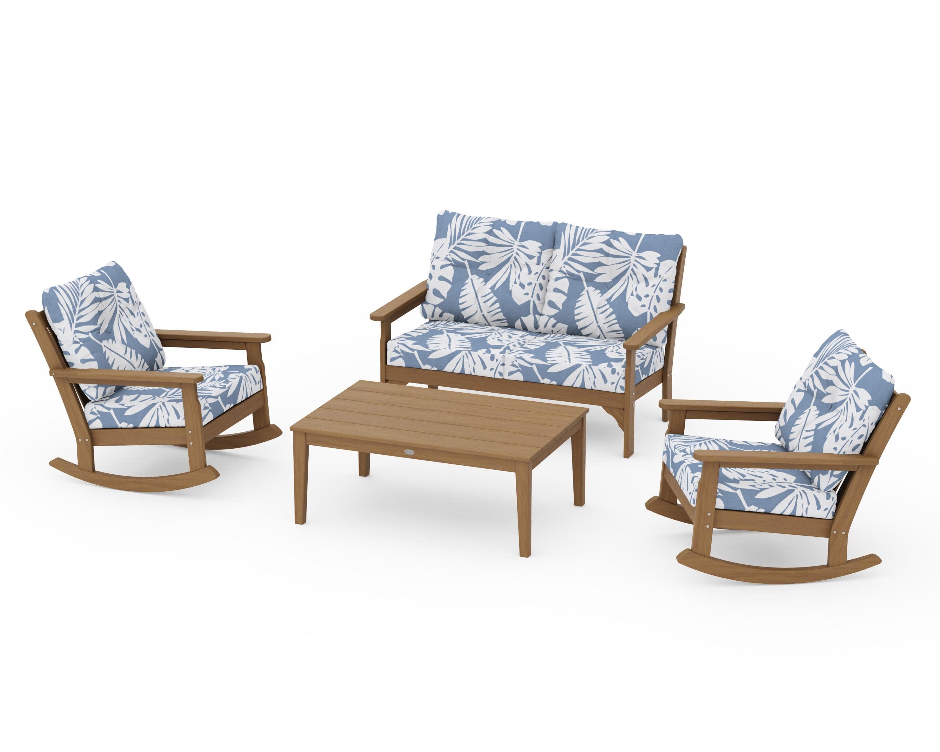 Vineyard 4-Piece Deep Seating Rocking Chair Set in Natural / Leaf Sky Blue
