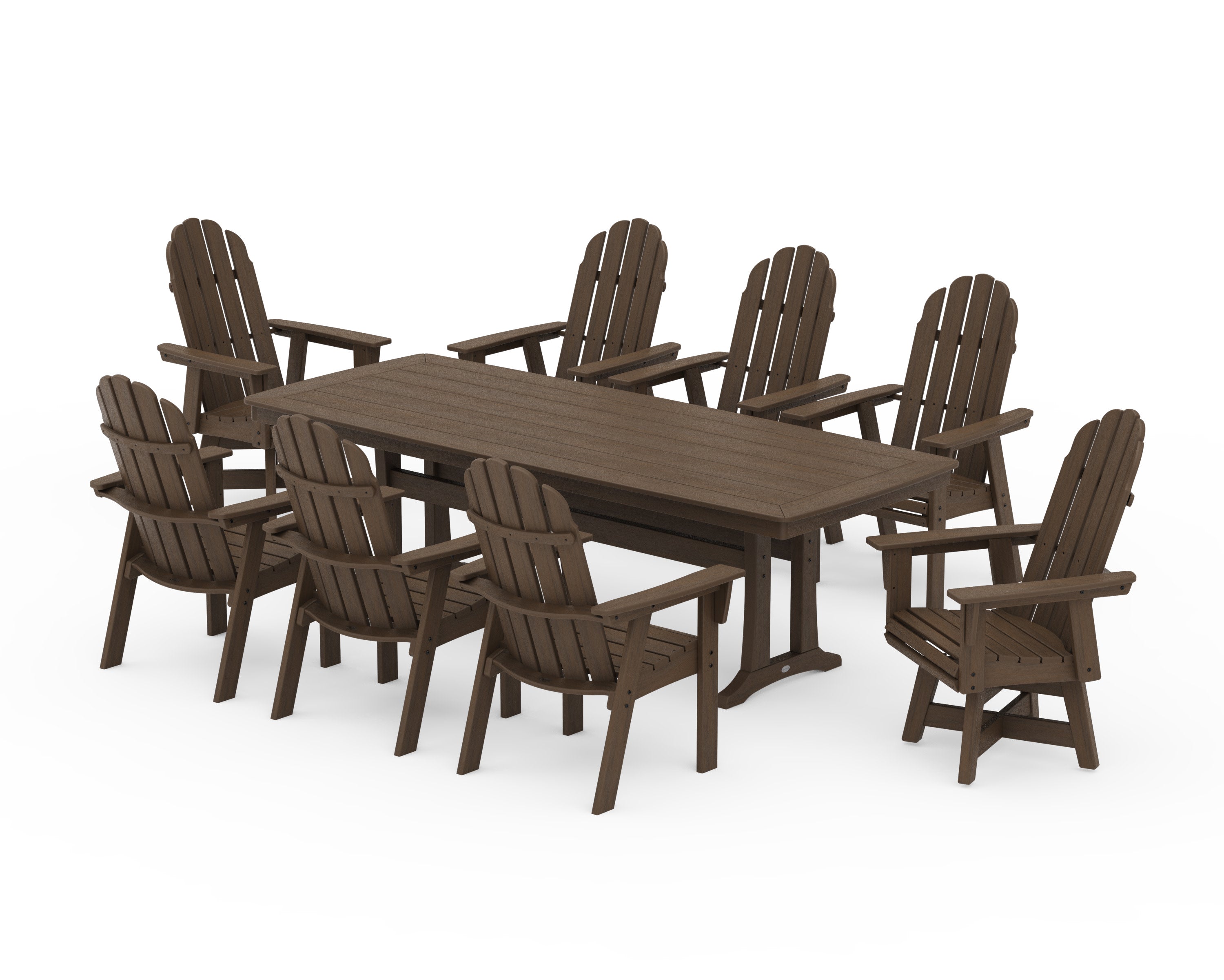 Vineyard Curveback Adirondack Swivel 9-Piece Dining Set with Trestle Legs in Kona