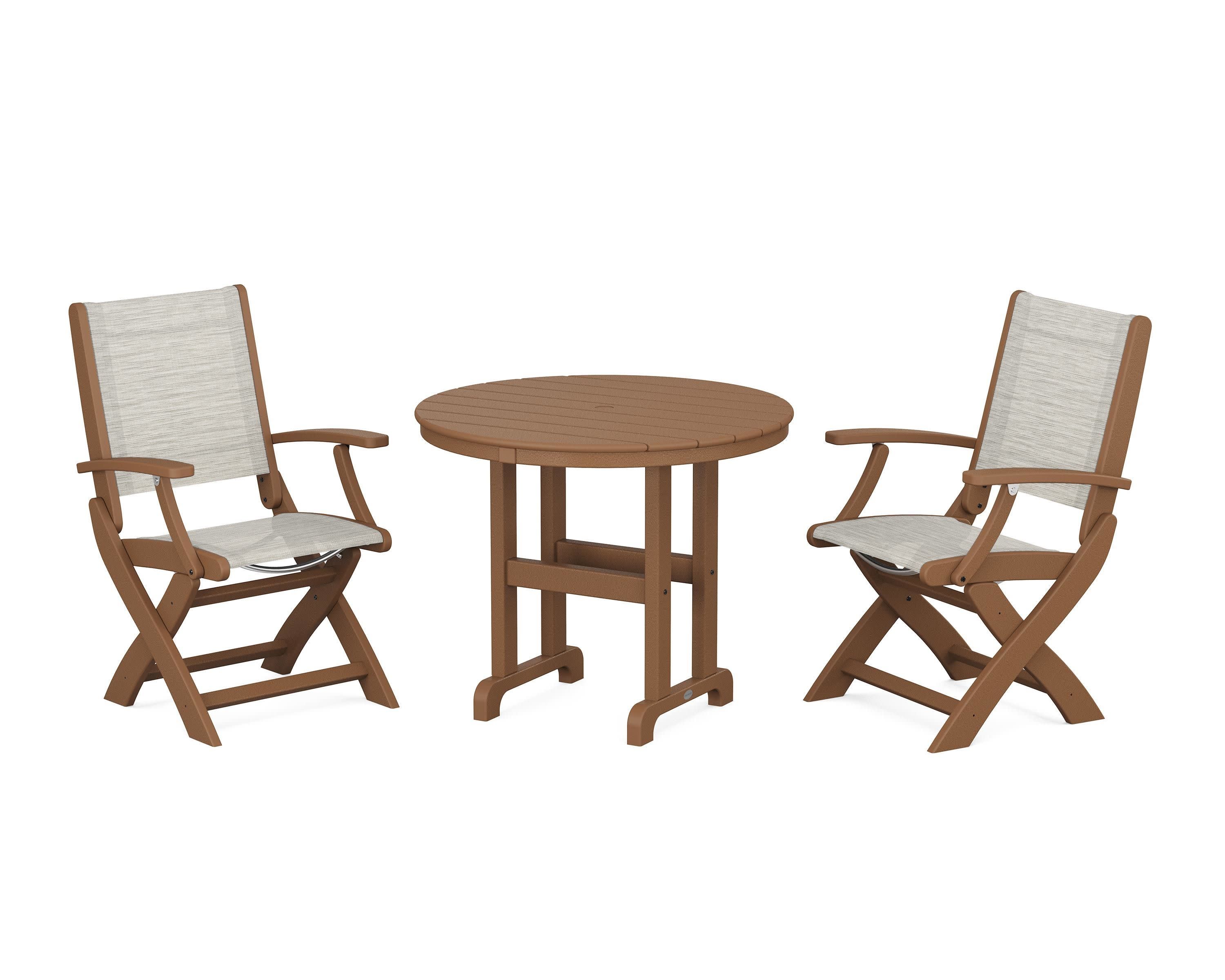 Coastal Folding Chair 3-Piece Round Dining Set in Teak / Birch Sling