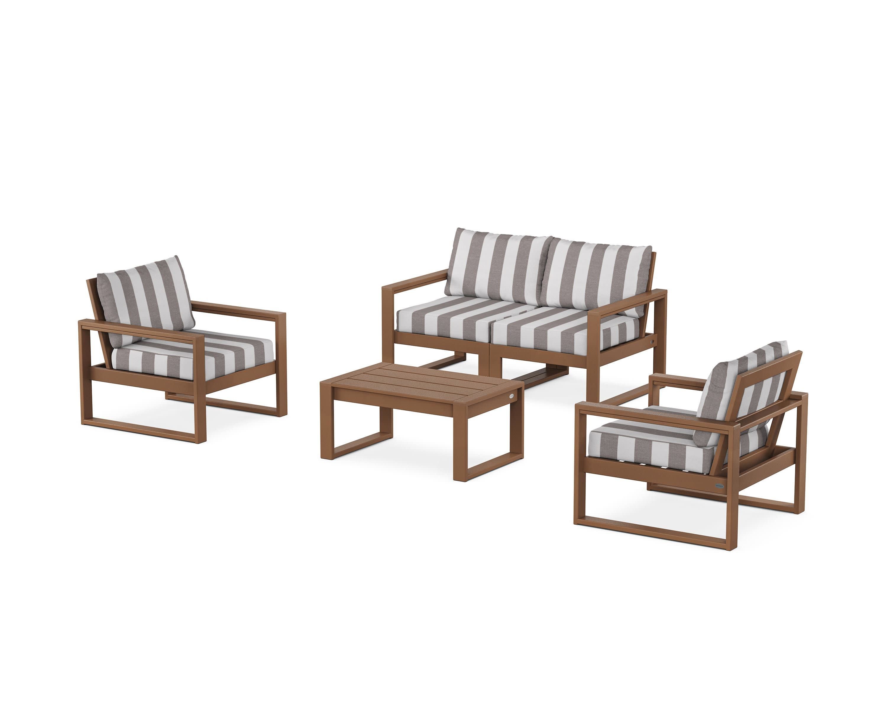 EDGE Sectional 4-Piece Deep Seating Set with Loveseat in Teak / Cabana Stripe Grey Mist
