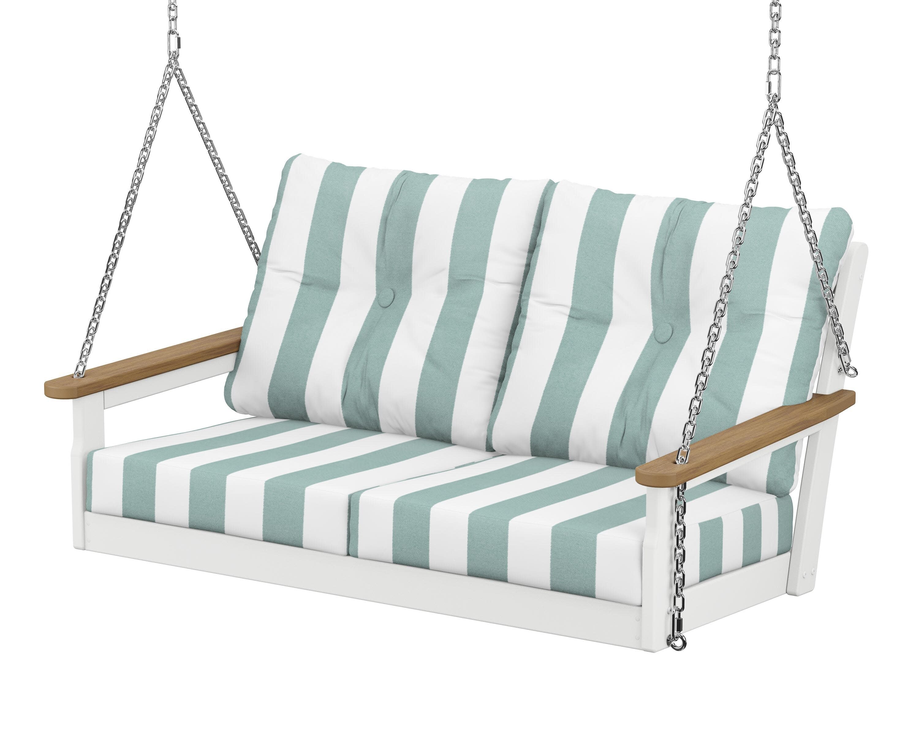 Vineyard Deep Seating Swing in White / Natural / Cabana Stripe Glacier Spa