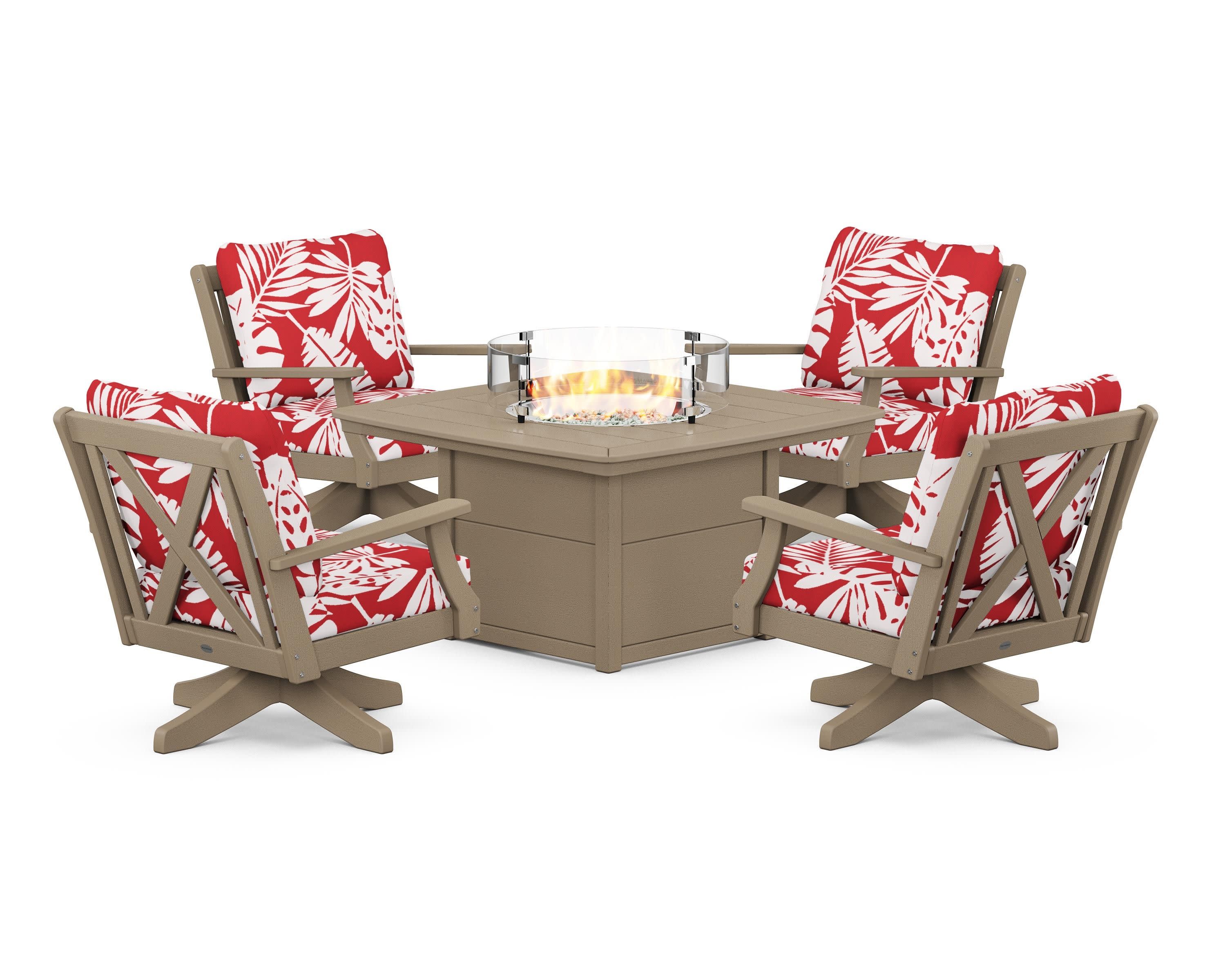 Braxton 5-Piece Deep Seating Swivel Conversation Set with Fire Pit Table in Vintage Sahara / Leaf Crimson