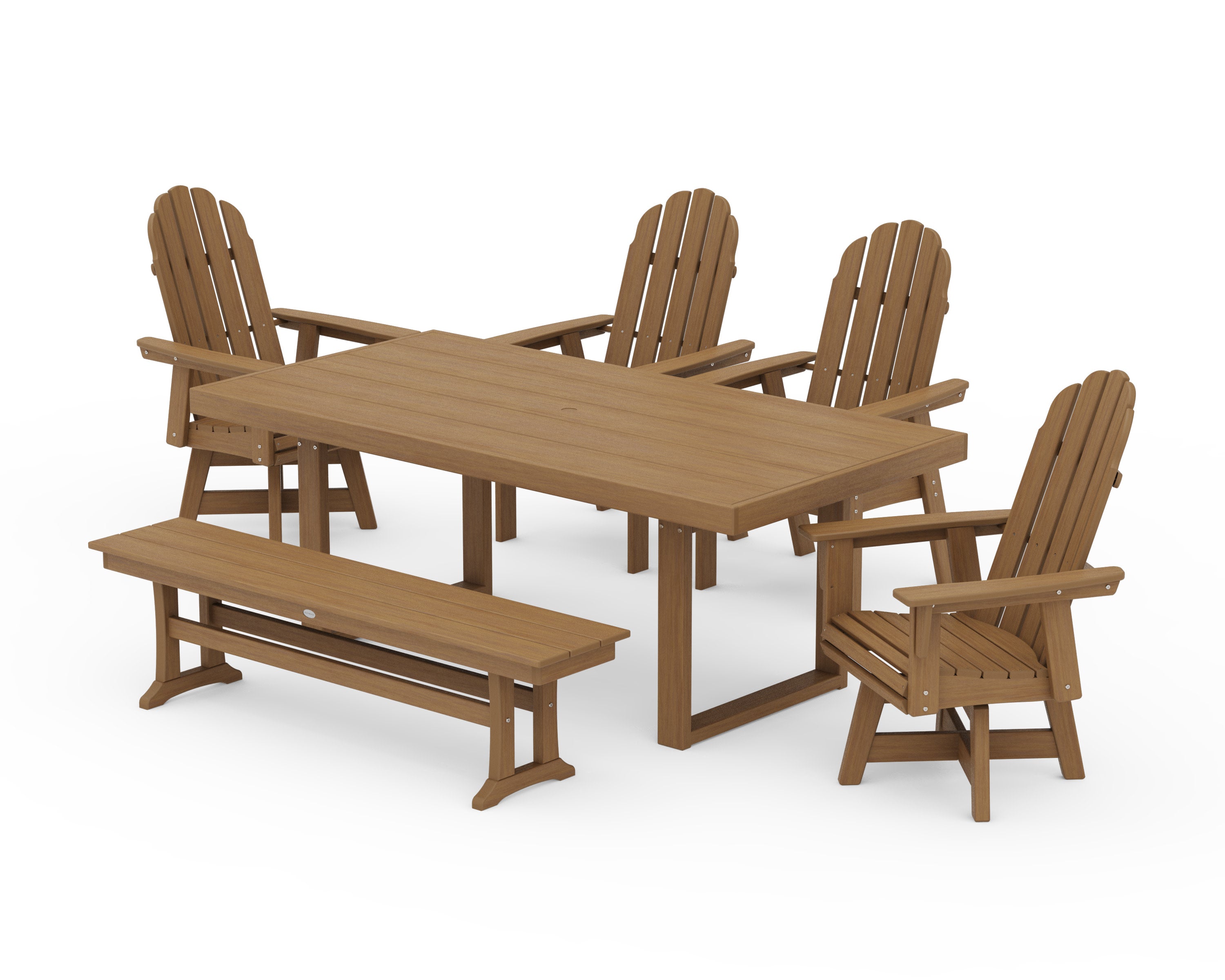 Vineyard Curveback Adirondack Swivel Chair 6-Piece Dining Set with Bench in Natural