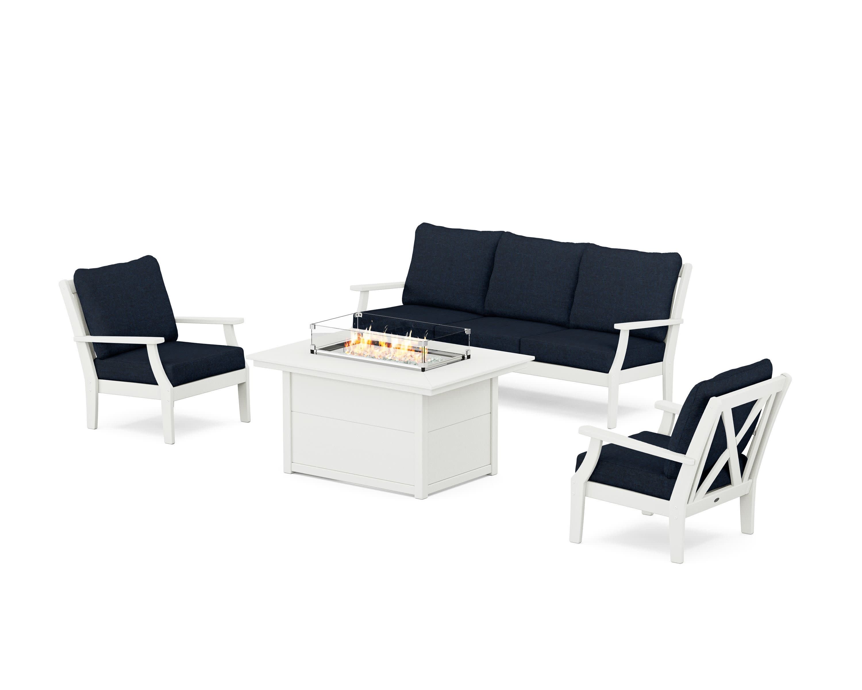 Braxton Deep Seating Fire Pit Table Set in Vintage White / Marine Indigo