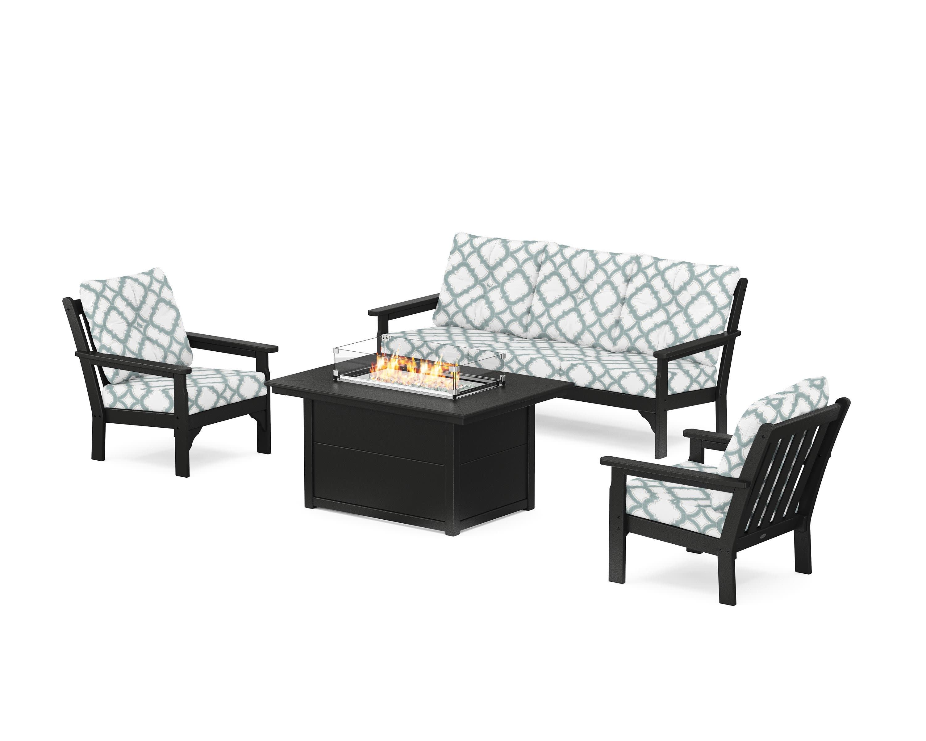 Vineyard Deep Seating Fire Pit Table Set in Black / Trellis Glacier Spa