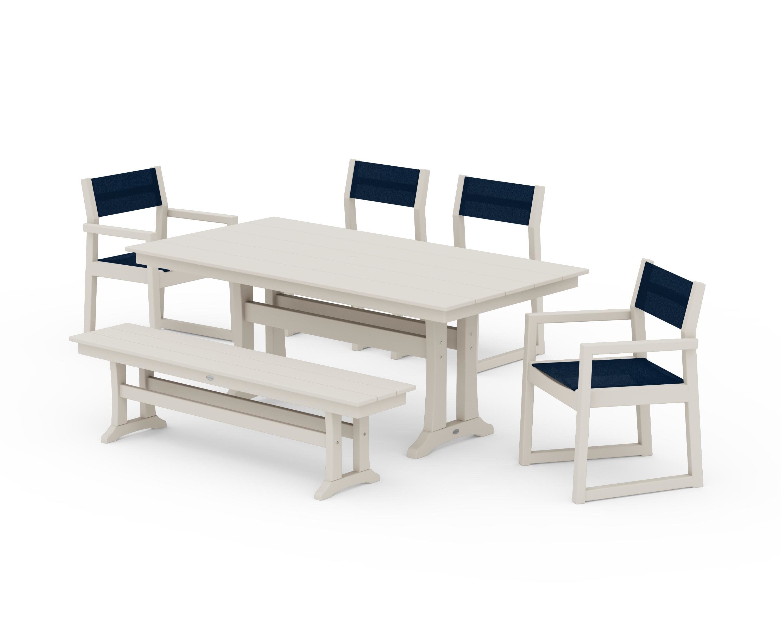 EDGE Sling 6-Piece Farmhouse Dining Set With Trestle Legs in Sand / Navy Blue Sling
