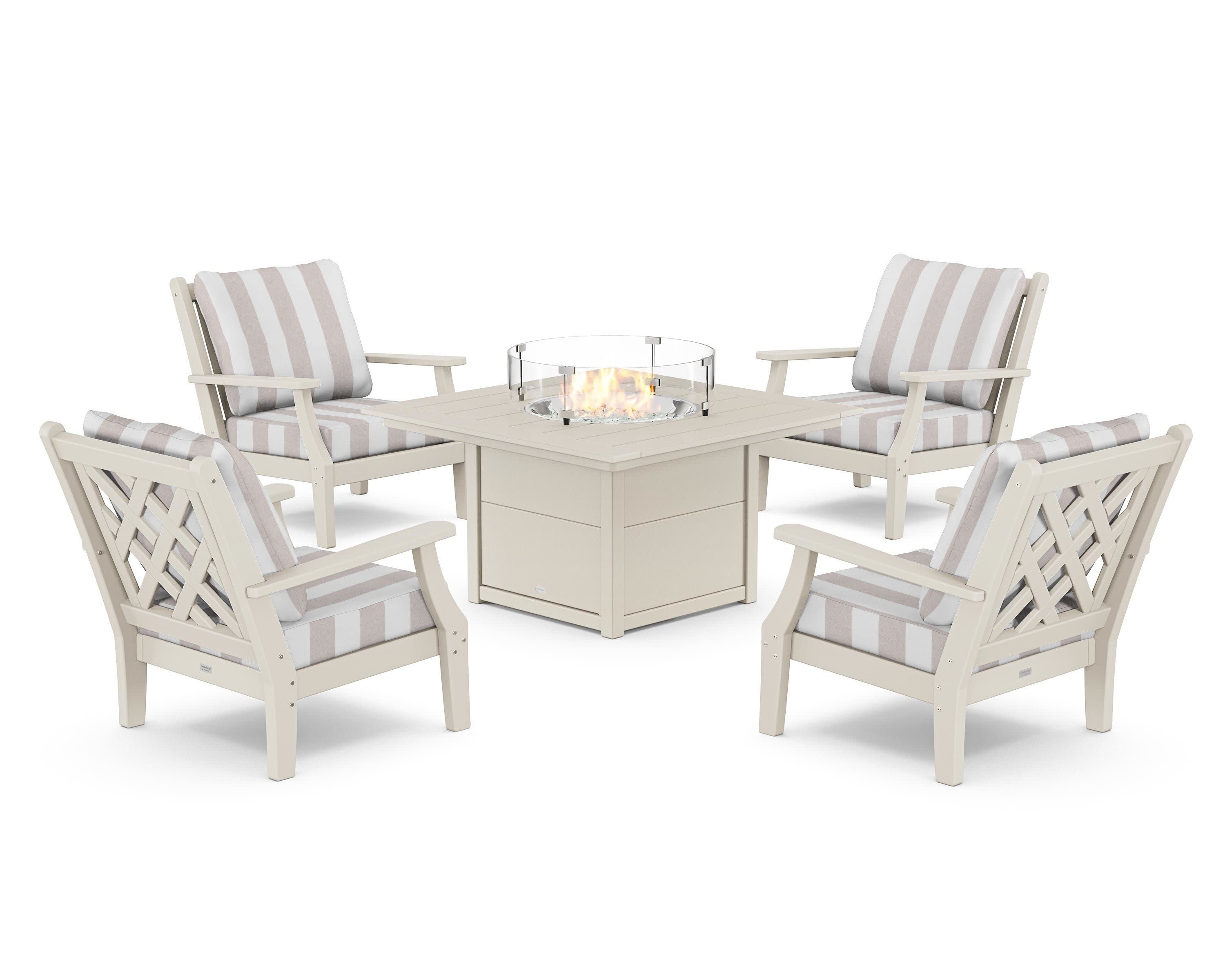 Wovendale 5-Piece Deep Seating Set with Fire Pit Table in Sand / Cabana Stripe Dune Burlap
