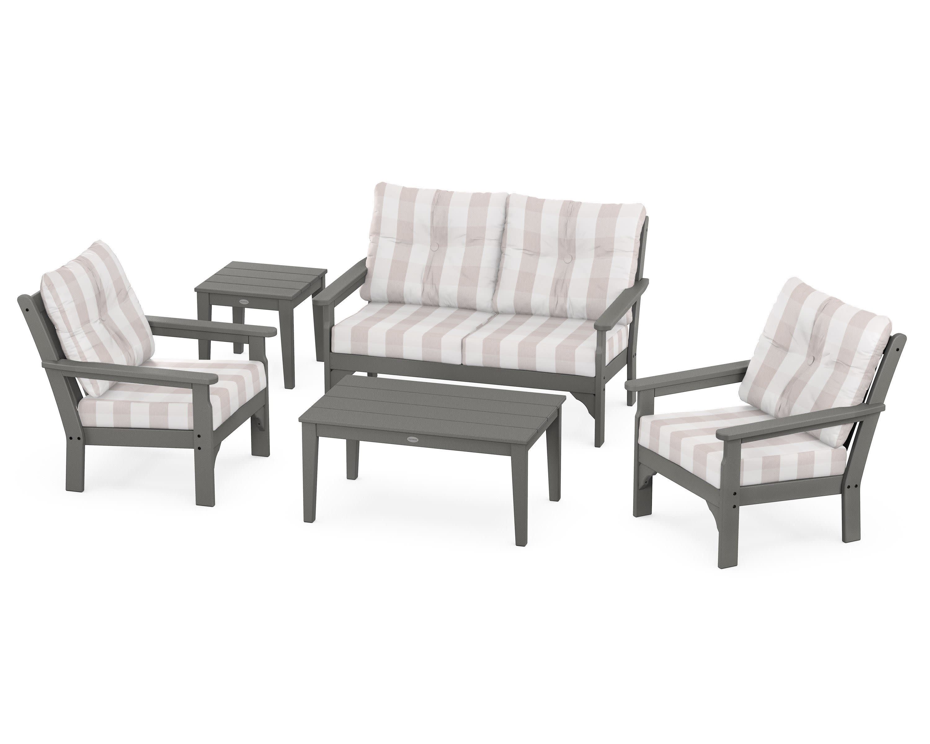 Vineyard 5-Piece Deep Seating Set in Slate Grey / Buffalo Plaid Dune Burlap
