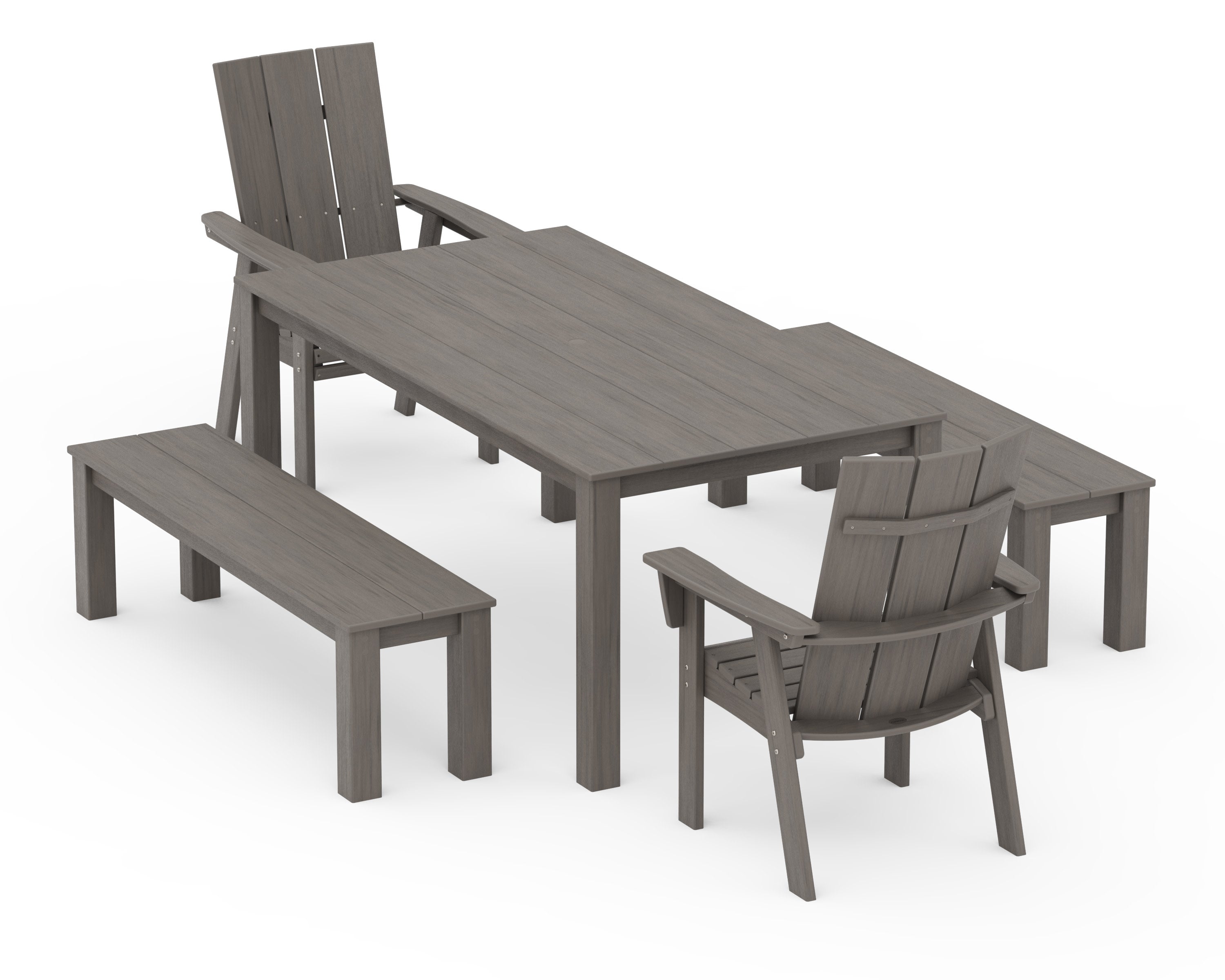 Modern Curveback Adirondack 5-Piece Parsons Dining Set with Benches in Driftwood