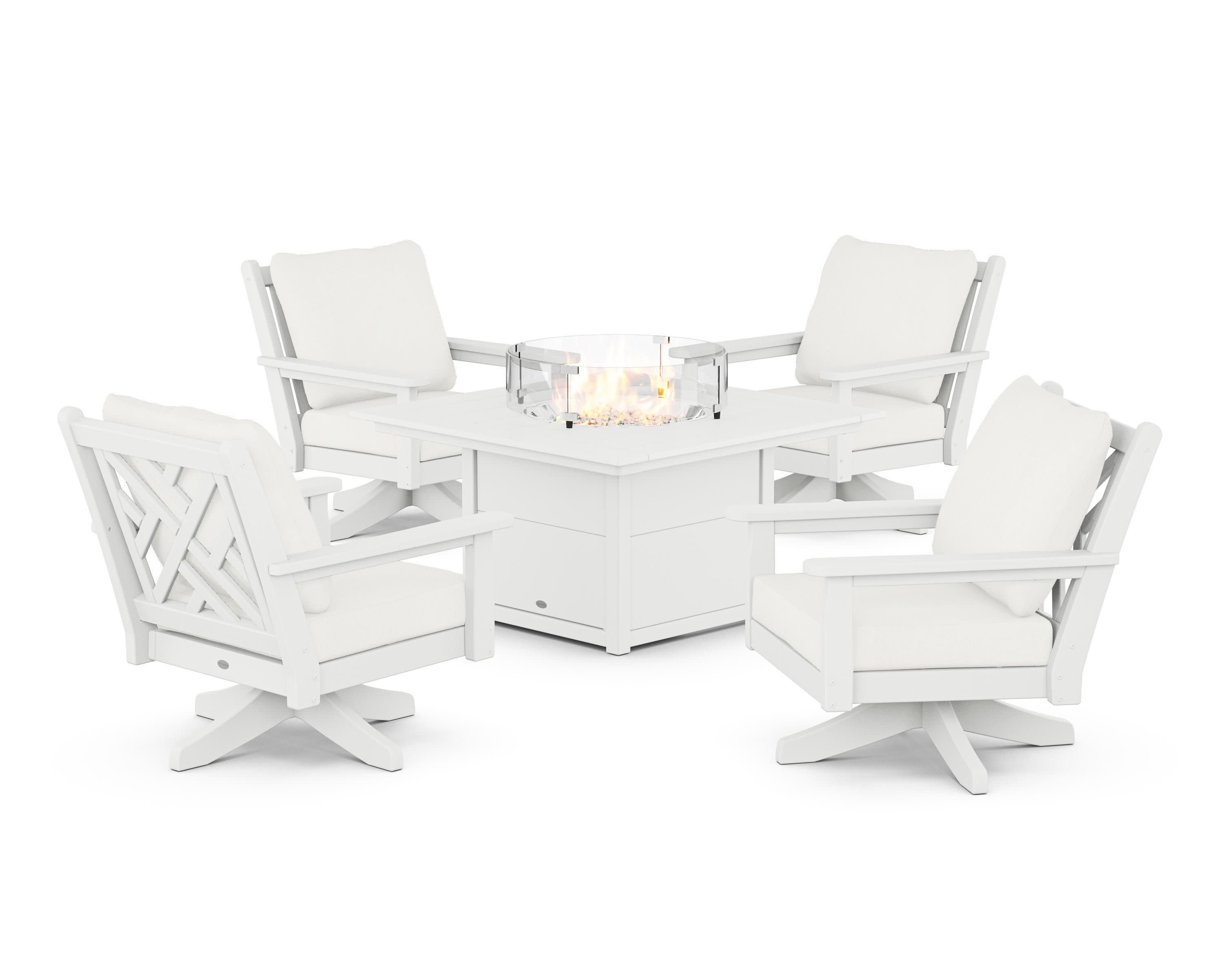 Chippendale 5-Piece Deep Seating Swivel Conversation Set with Fire Pit Table in White / Natural Linen