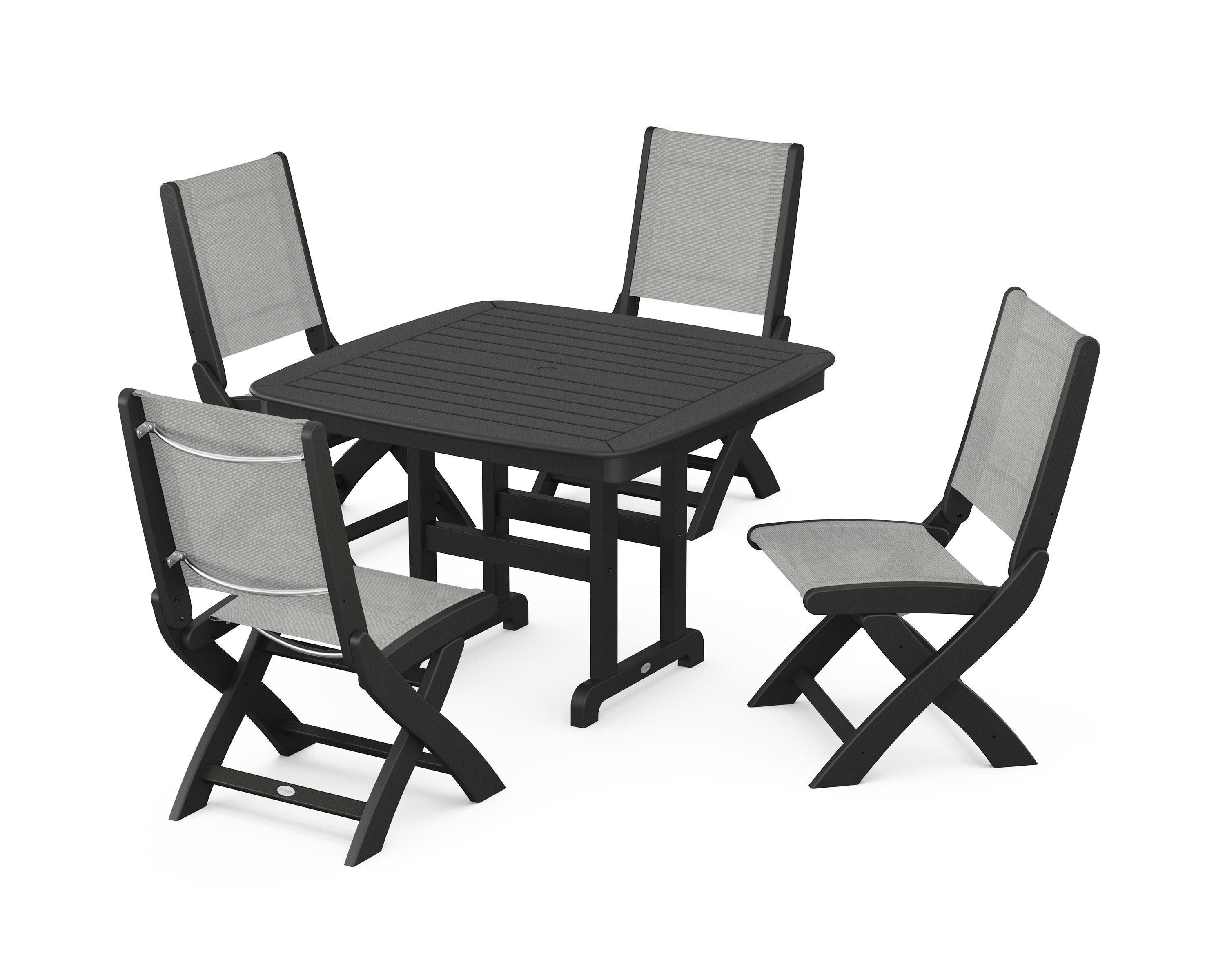 Coastal Folding Side Chair 5-Piece Dining Set in Black / Metallic Sling