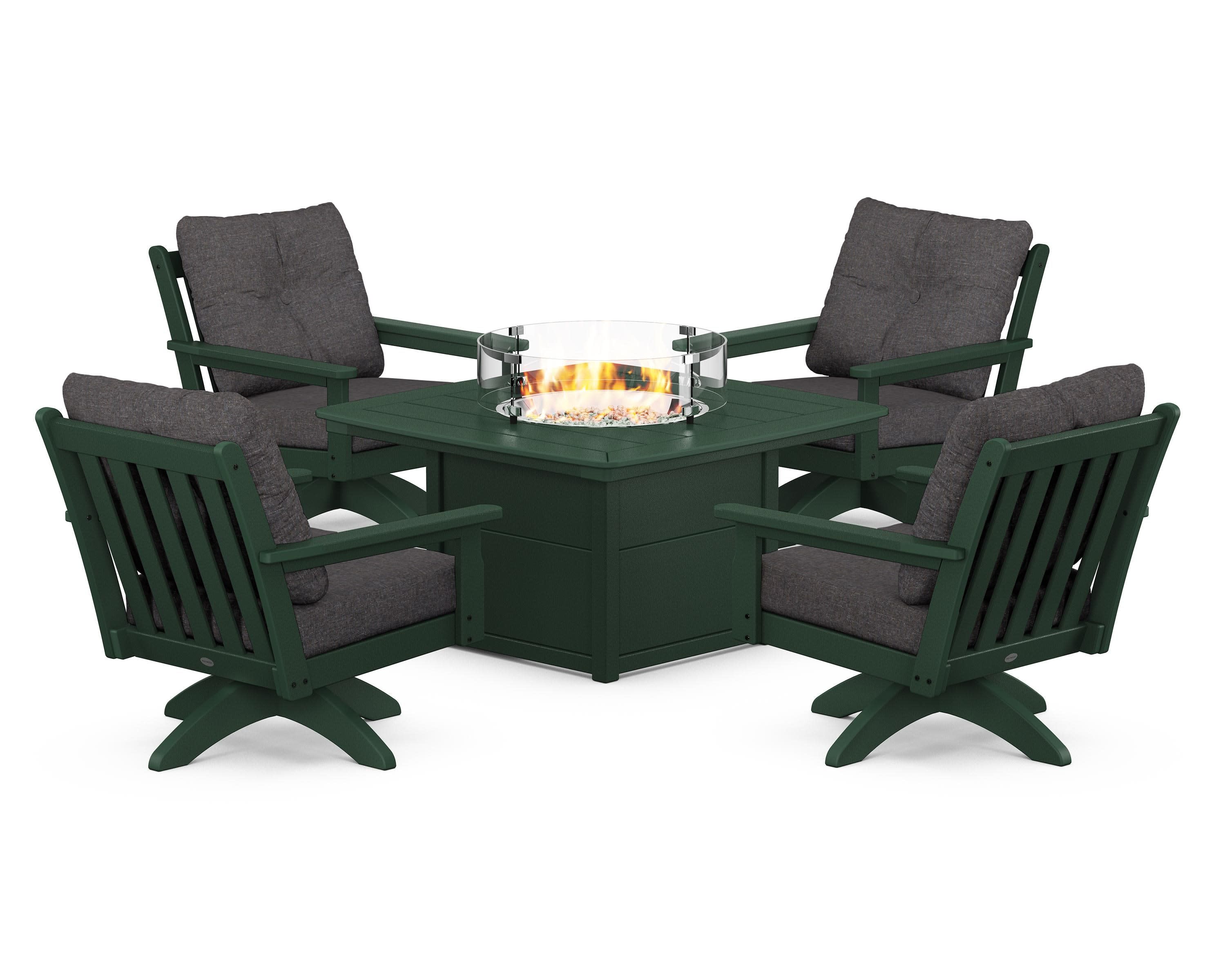 Vineyard 5-Piece Deep Seating Swivel Conversation Set with Fire Pit Table in Green / Ash Charcoal