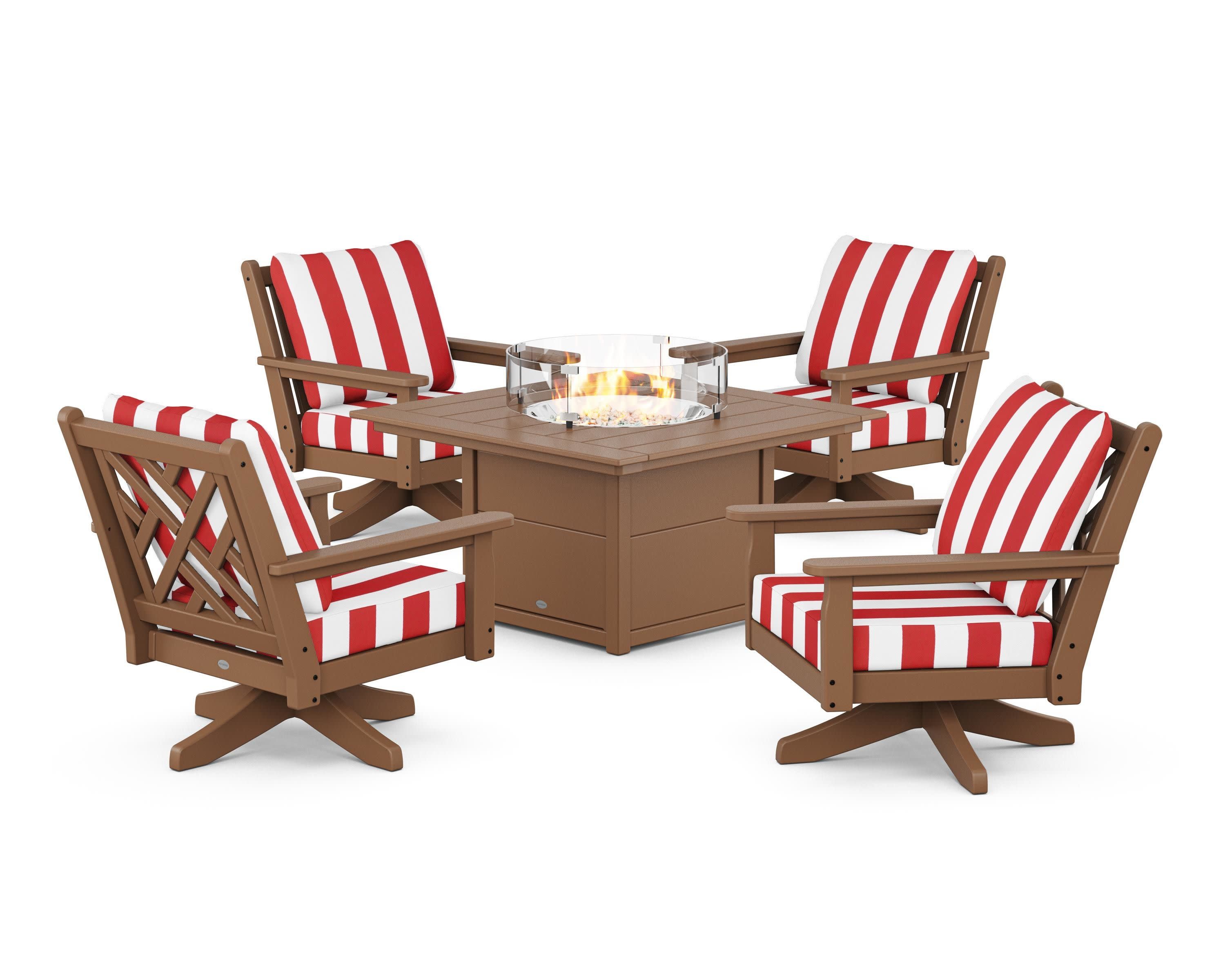 Chippendale 5-Piece Deep Seating Swivel Conversation Set with Fire Pit Table in Teak / Cabana Stripe Crimson