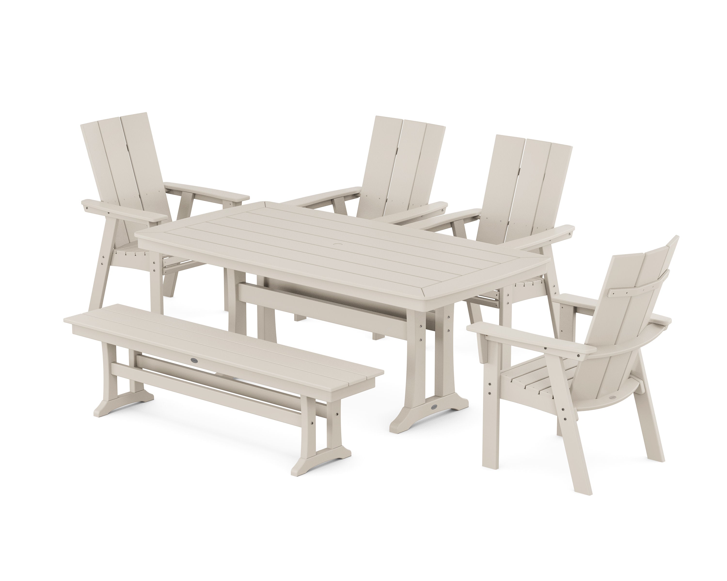 Modern Curveback Adirondack 6-Piece Farmhouse Dining Set with Trestle Legs and Bench in Sand
