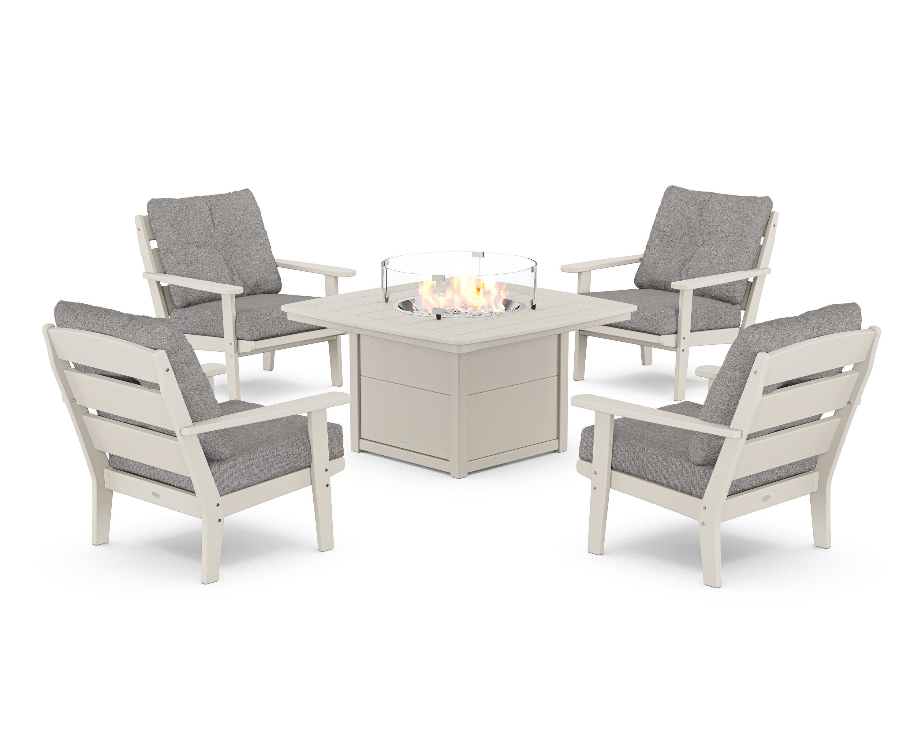 Lakeside 5-Piece Deep Seating Set with Nautical Fire Pit Table in Sand / Grey Mist