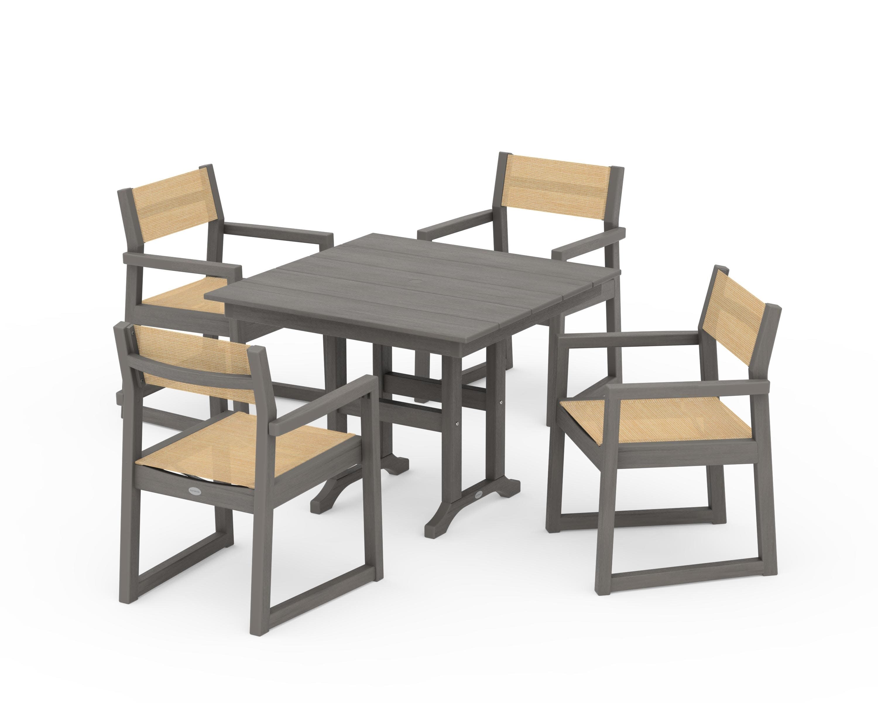 EDGE Sling Arm Chair 5-Piece Farmhouse Dining Set in Driftwood / Dupioni Apricot Sling