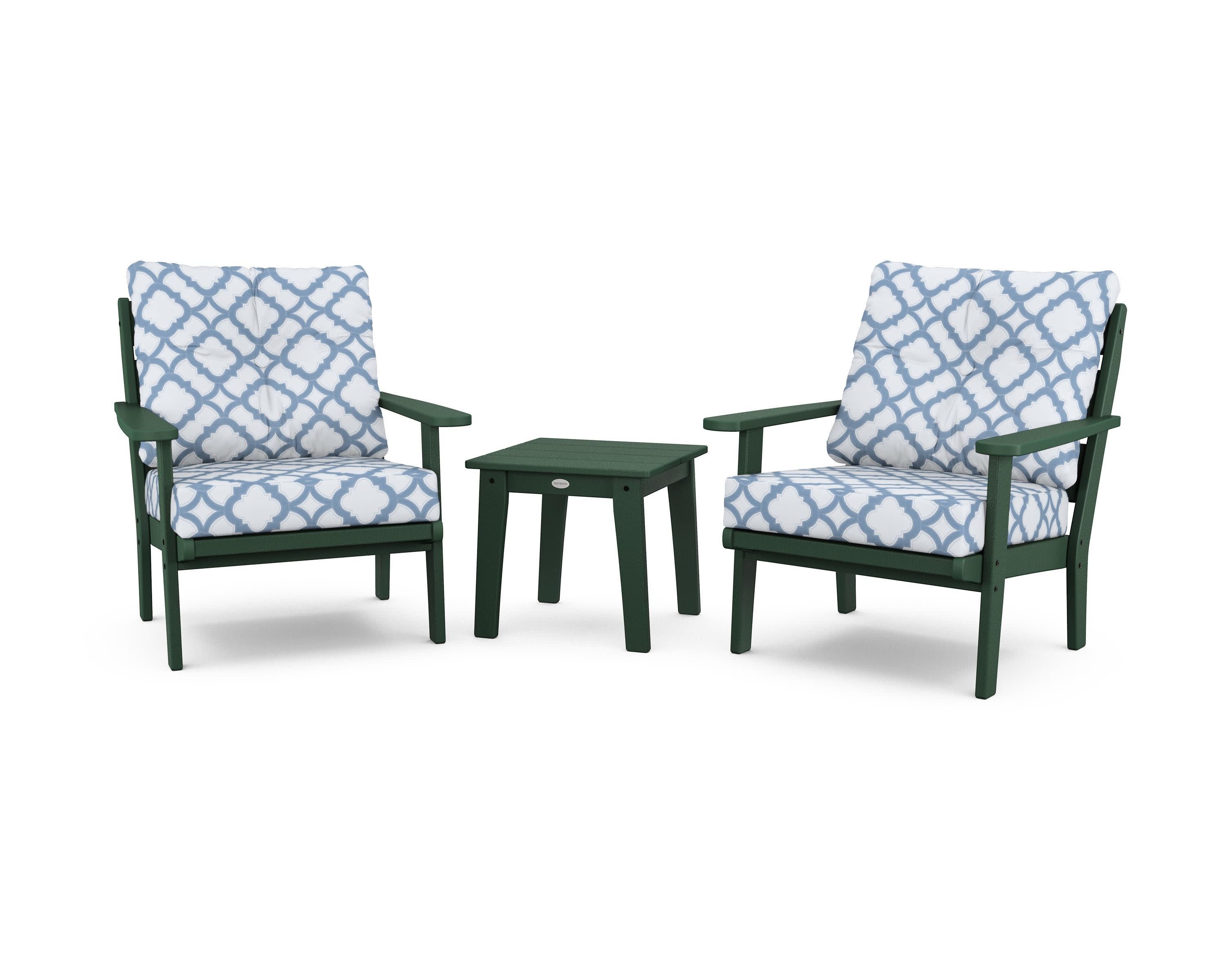 Lakeside 3-Piece Deep Seating Chair Set in Green / Trellis Sky Blue