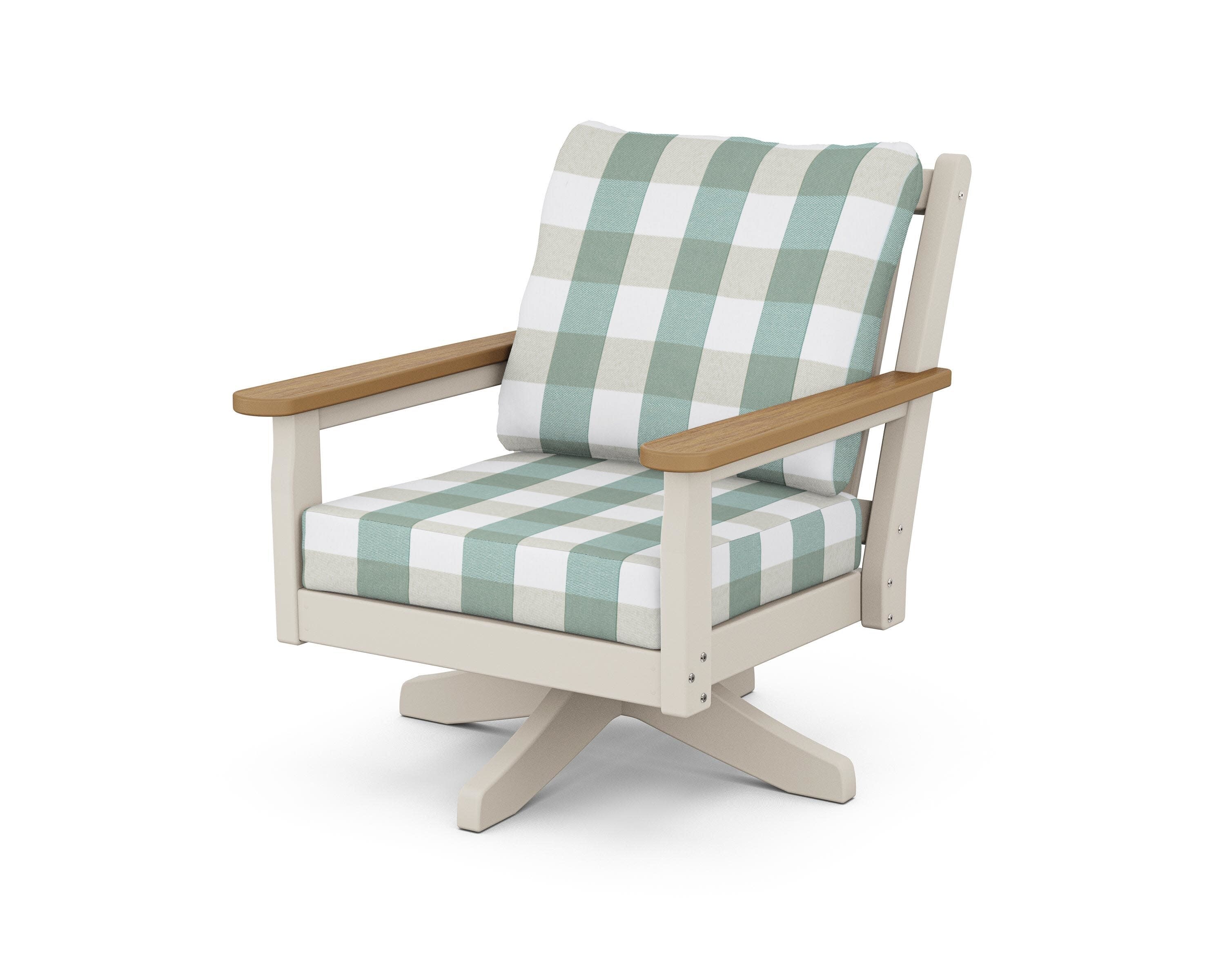 Chippendale Deep Seating Swivel Chair in Sand / Natural / Buffalo Plaid Glacier Spa