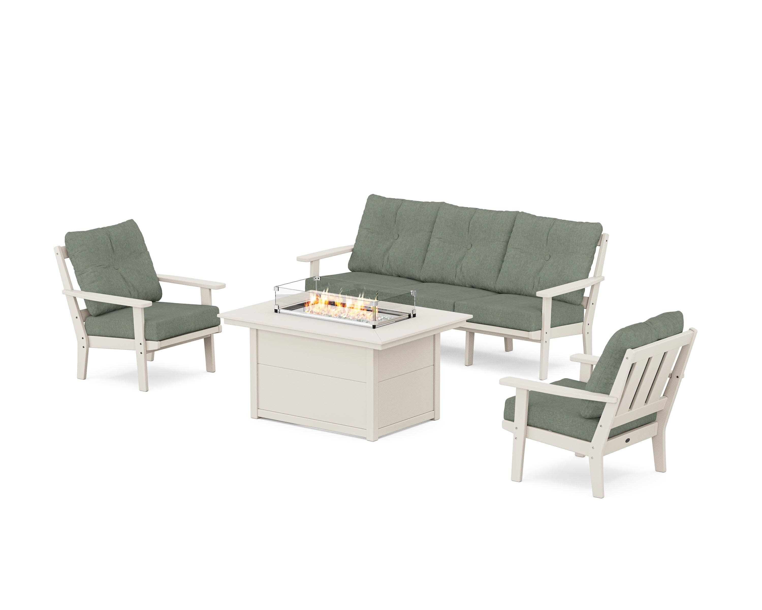 Oxford Deep Seating Fire Pit Table Set in Sand / Cast Sage