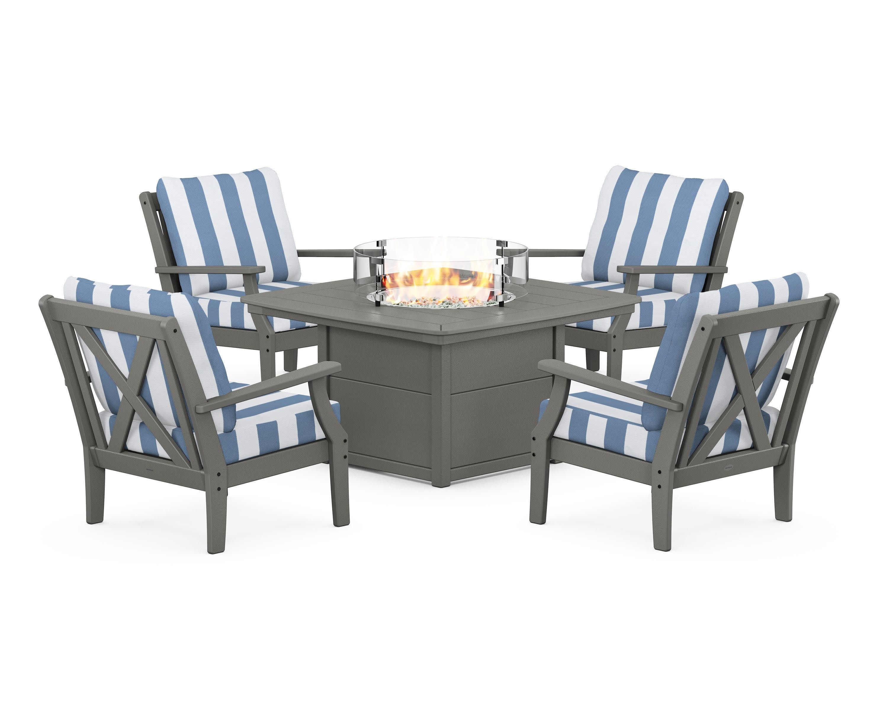 Braxton 5-Piece Deep Seating Conversation Set with Fire Pit Table in Slate Grey / Cabana Stripe Sky Blue