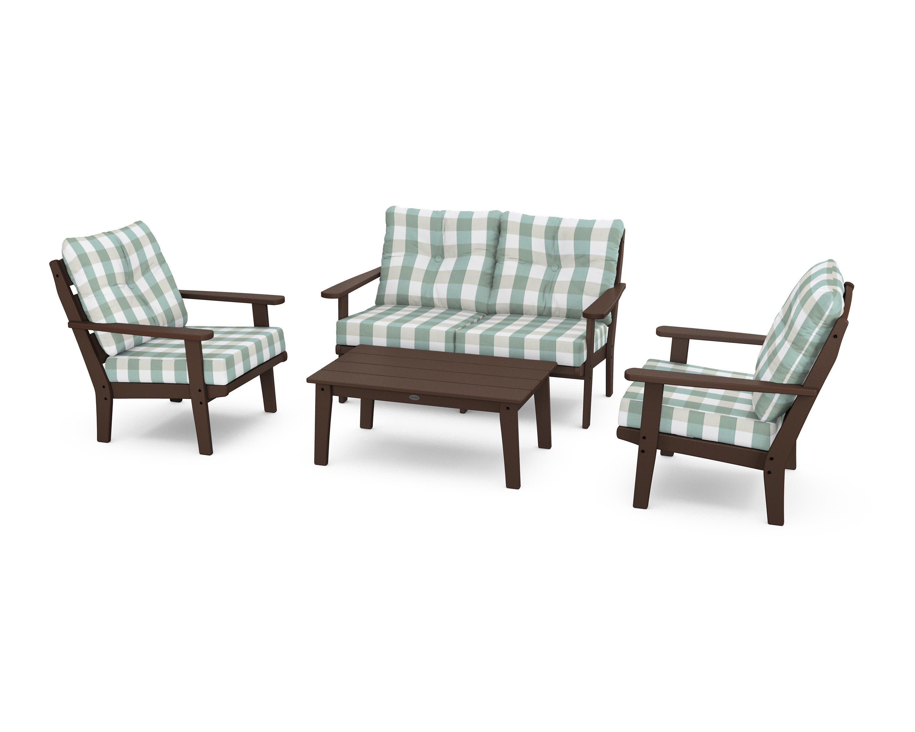 Lakeside 4-Piece Deep Seating Set in Mahogany / Buffalo Plaid Glacier Spa