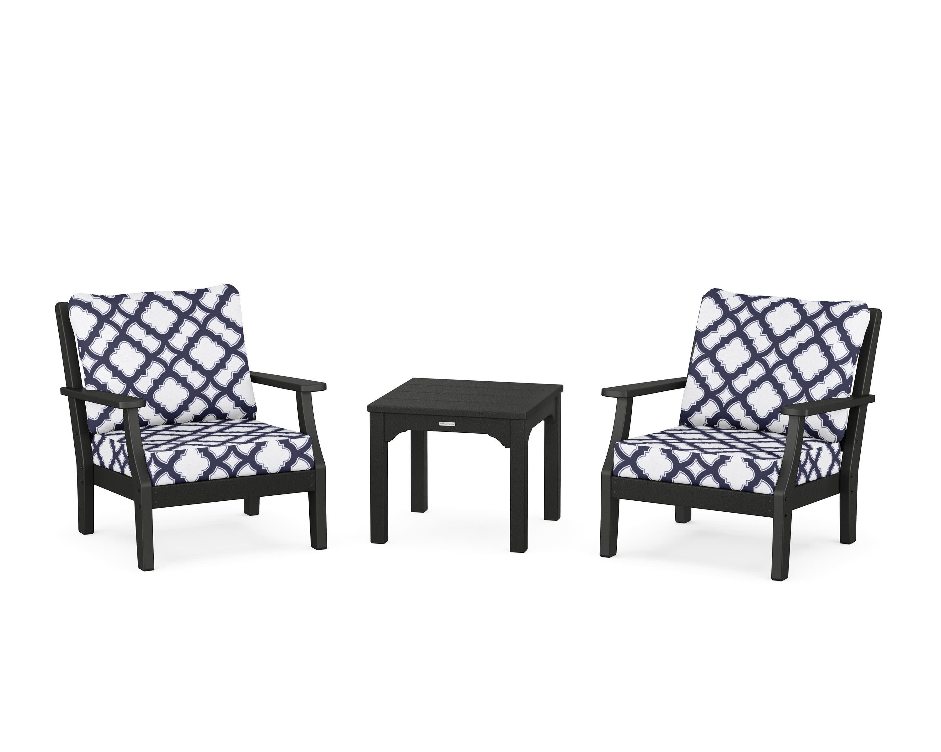 Chinoiserie 3-Piece Deep Seating Set in Black / Trellis Navy