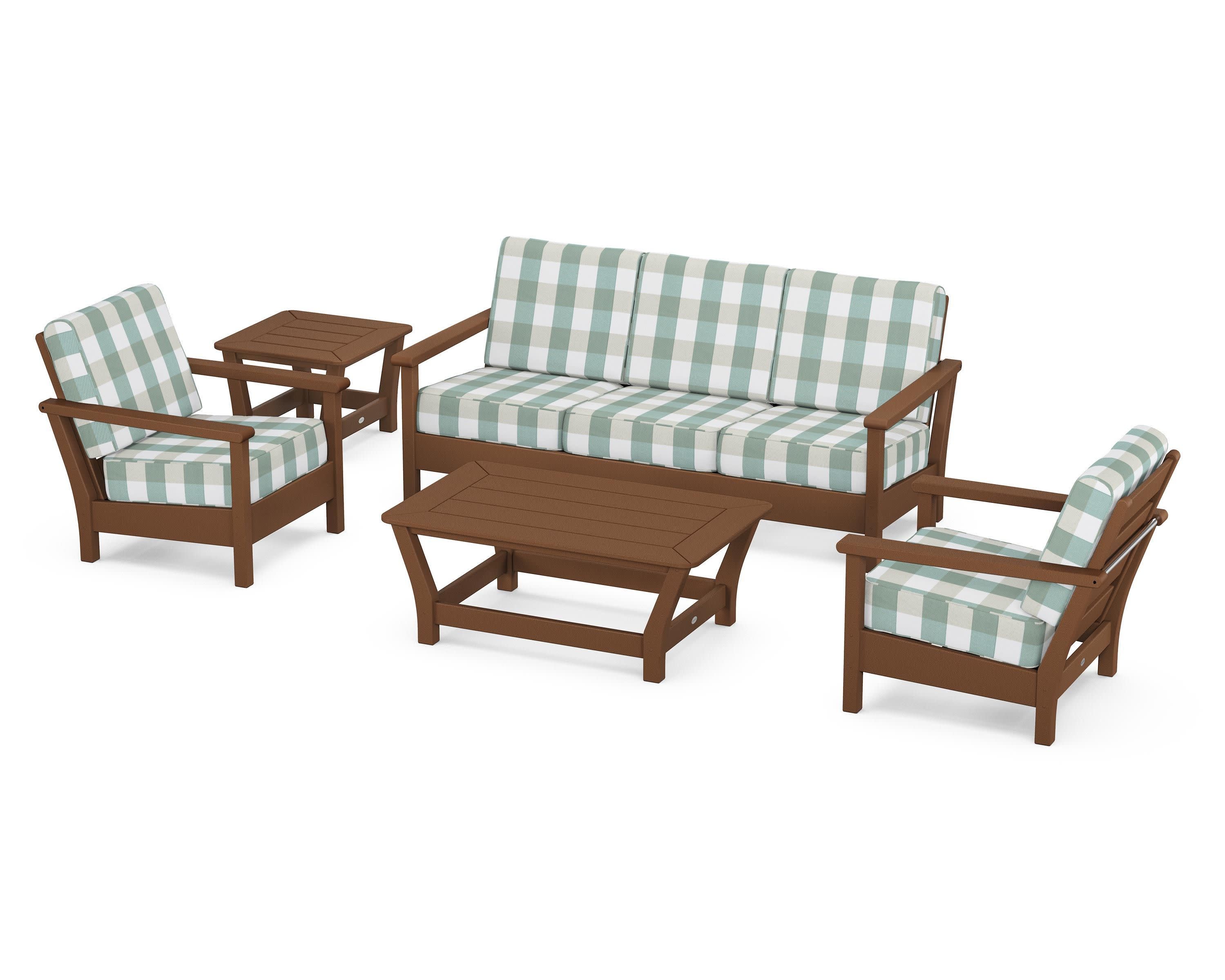 Harbour 5-Piece Deep Seating Set in Teak / Buffalo Plaid Glacier Spa