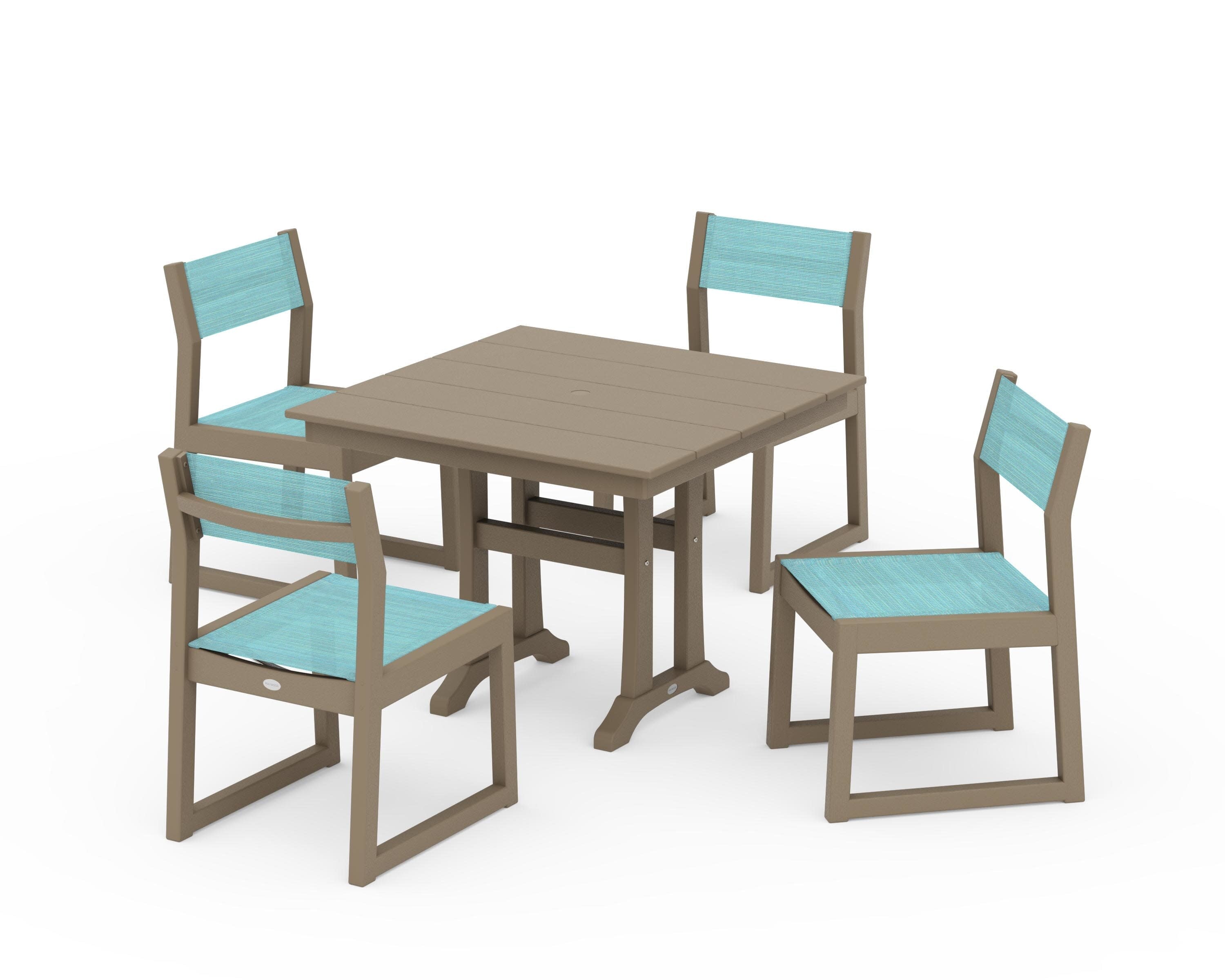 EDGE Sling 5-Piece Farmhouse Trestle Side Chair Dining Set in Vintage Sahara / Dupioni Aquamarine Sling