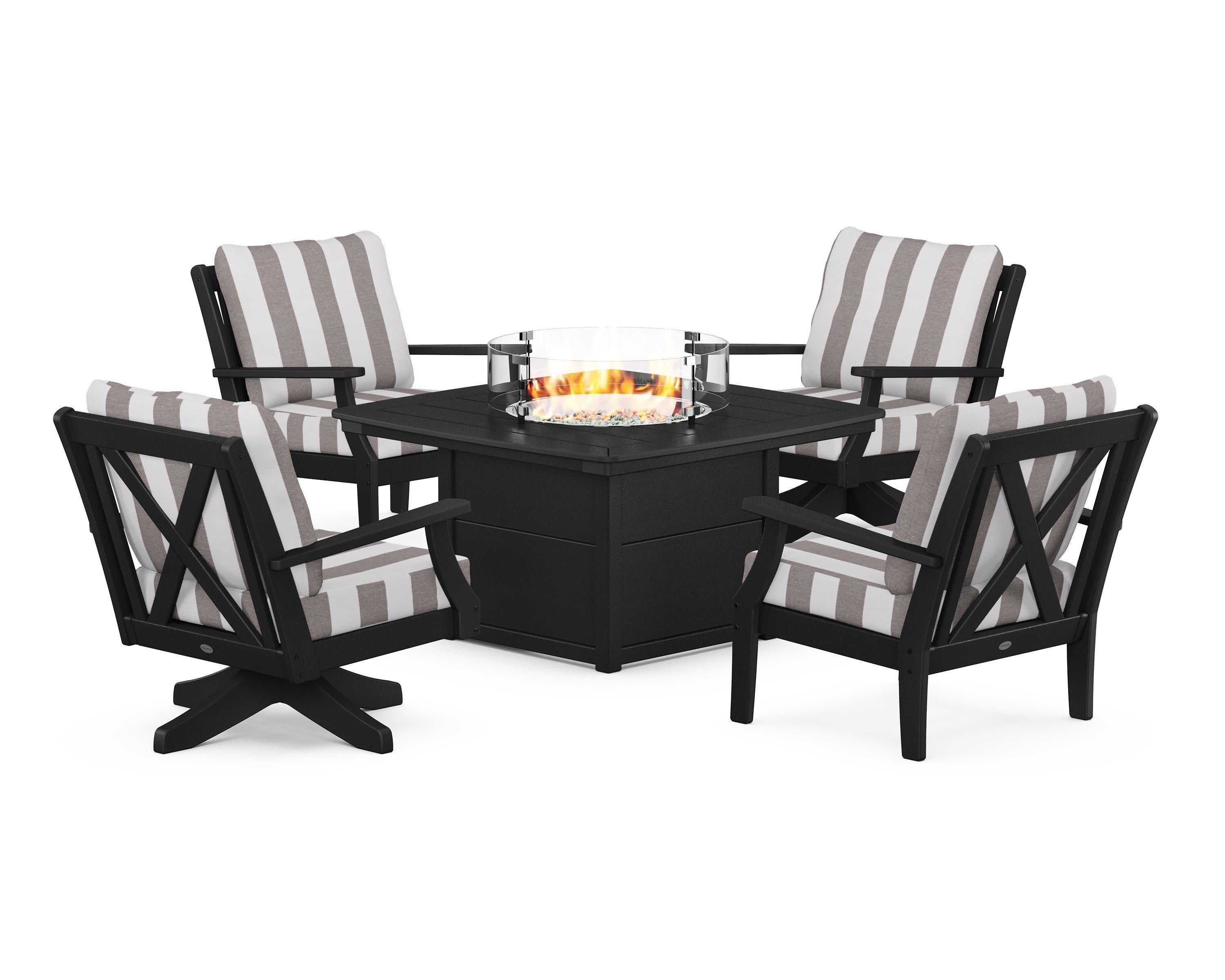 Braxton 5-Piece Deep Seating Set with Fire Table in Black / Cabana Stripe Grey Mist