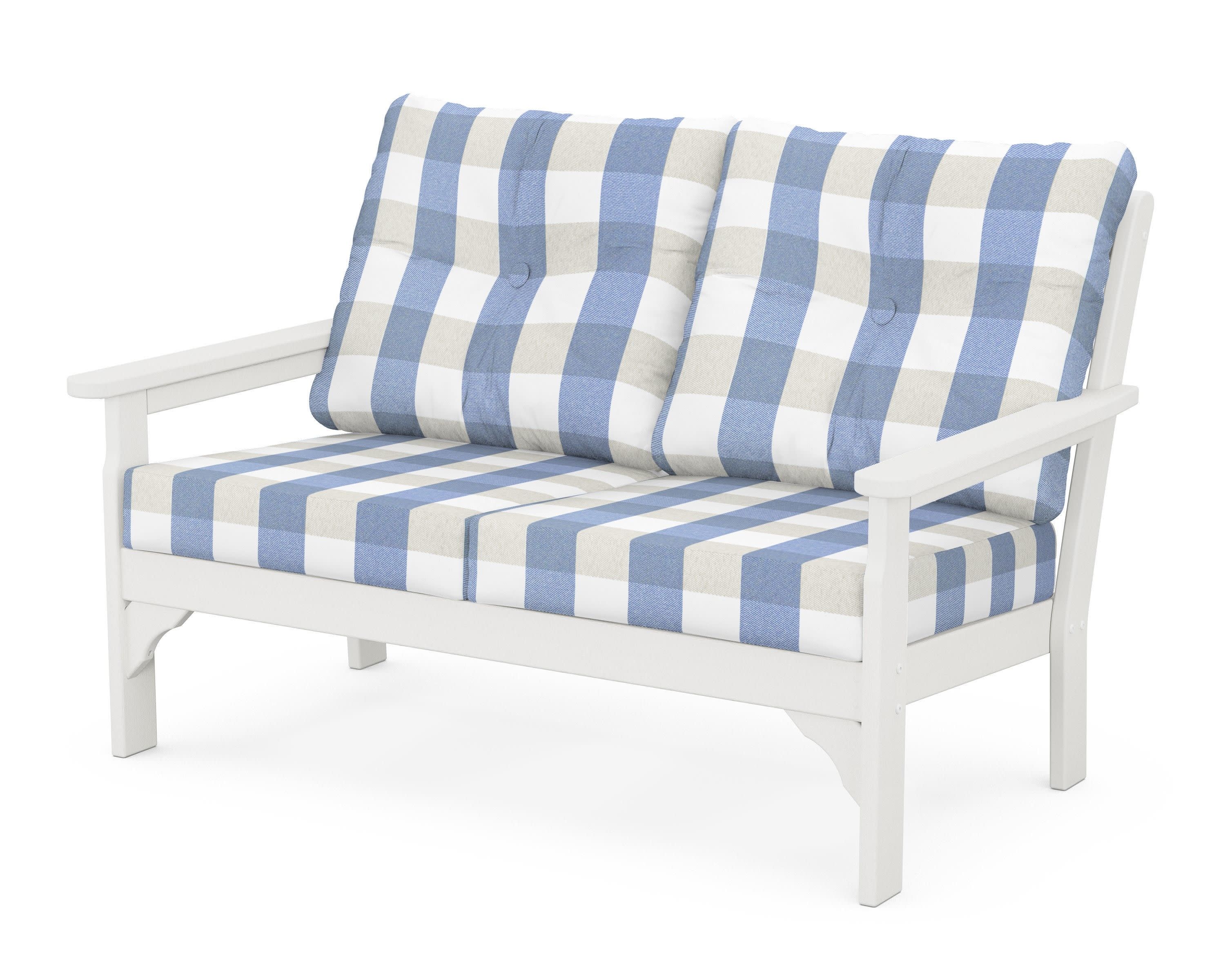 Vineyard Deep Seating Loveseat in Vintage White / Buffalo Plaid Sky Blue