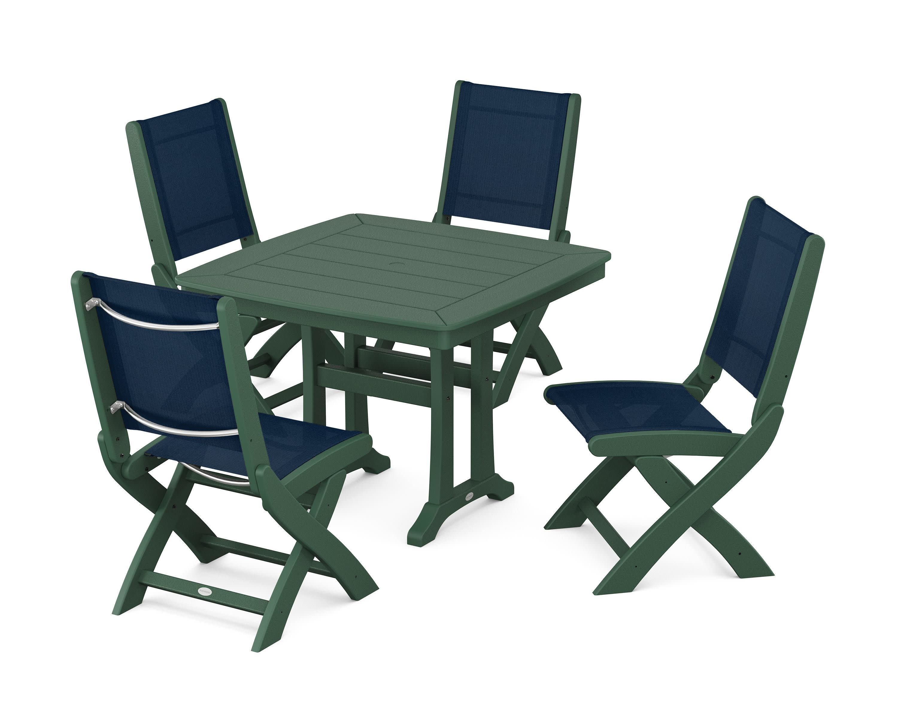 Coastal Folding Side Chair 5-Piece Dining Set with Trestle Legs in Green / Navy Blue Sling
