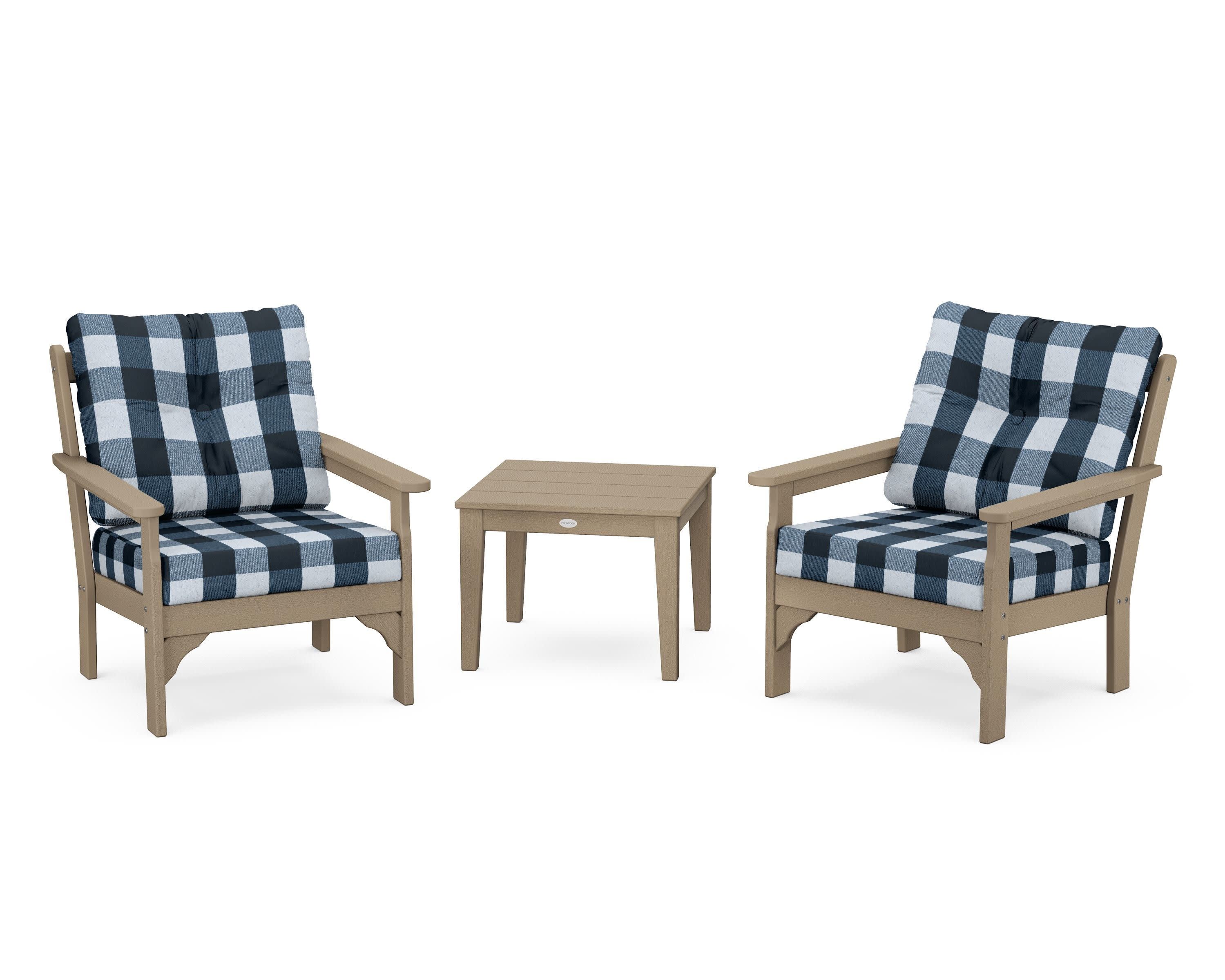 Vineyard 3-Piece Deep Seating Set in Vintage Sahara / Buffalo Plaid Marine Indigo