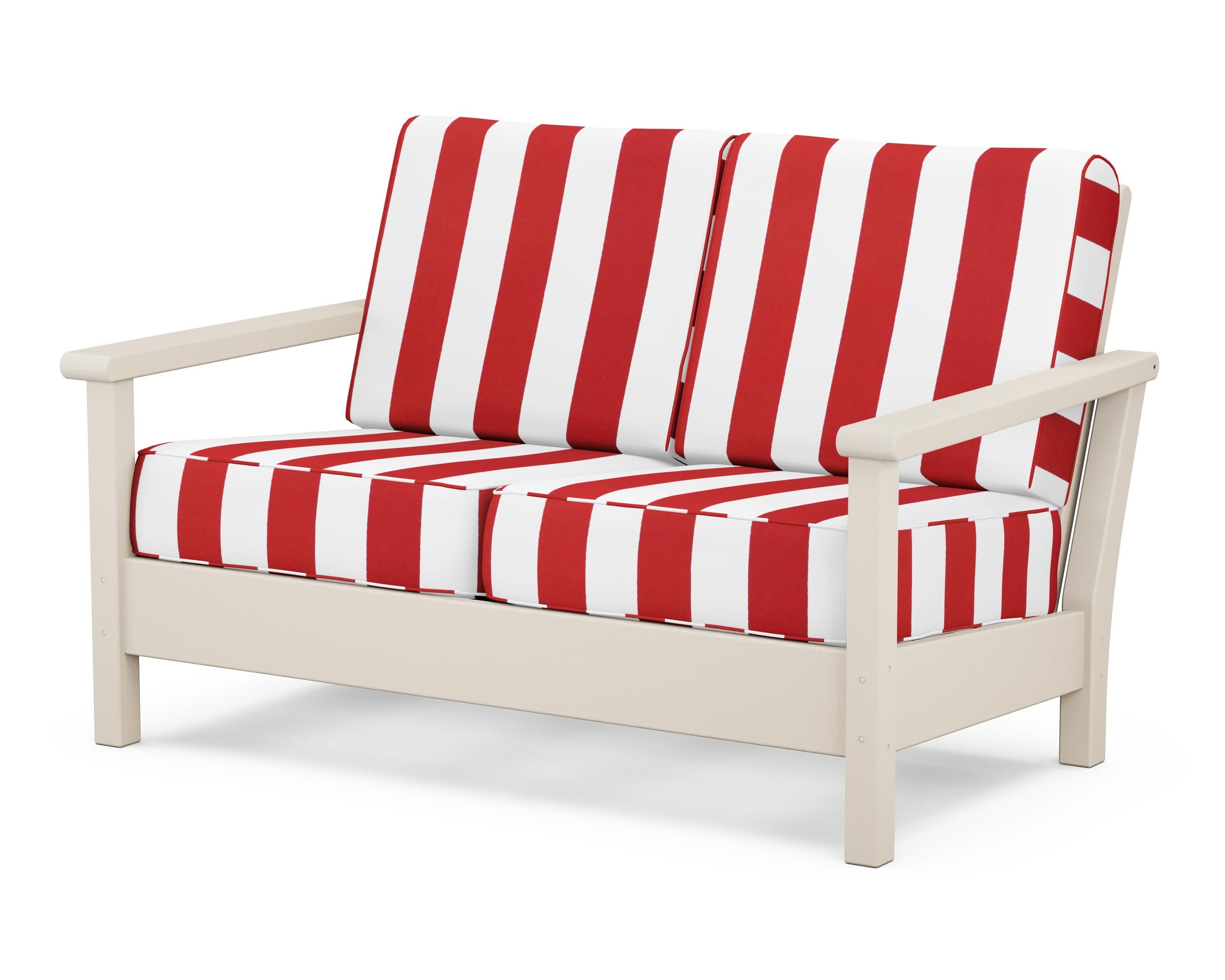 Harbour Deep Seating Loveseat in Sand / Cabana Stripe Crimson