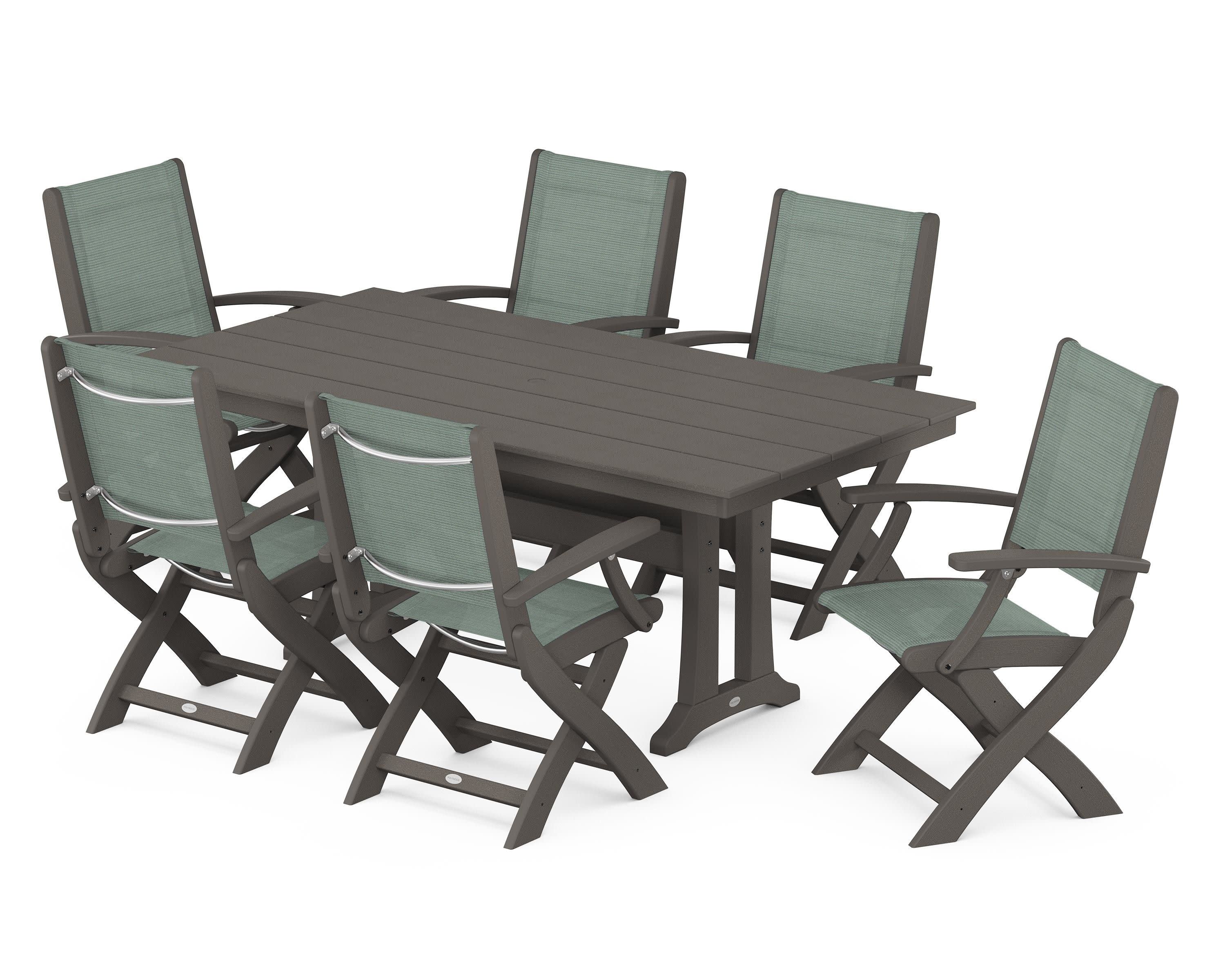 Coastal Folding Arm Chair 7-Piece Farmhouse Dining Set with Trestle Legs in Vintage Coffee / Dupioni Sea Mist Sling